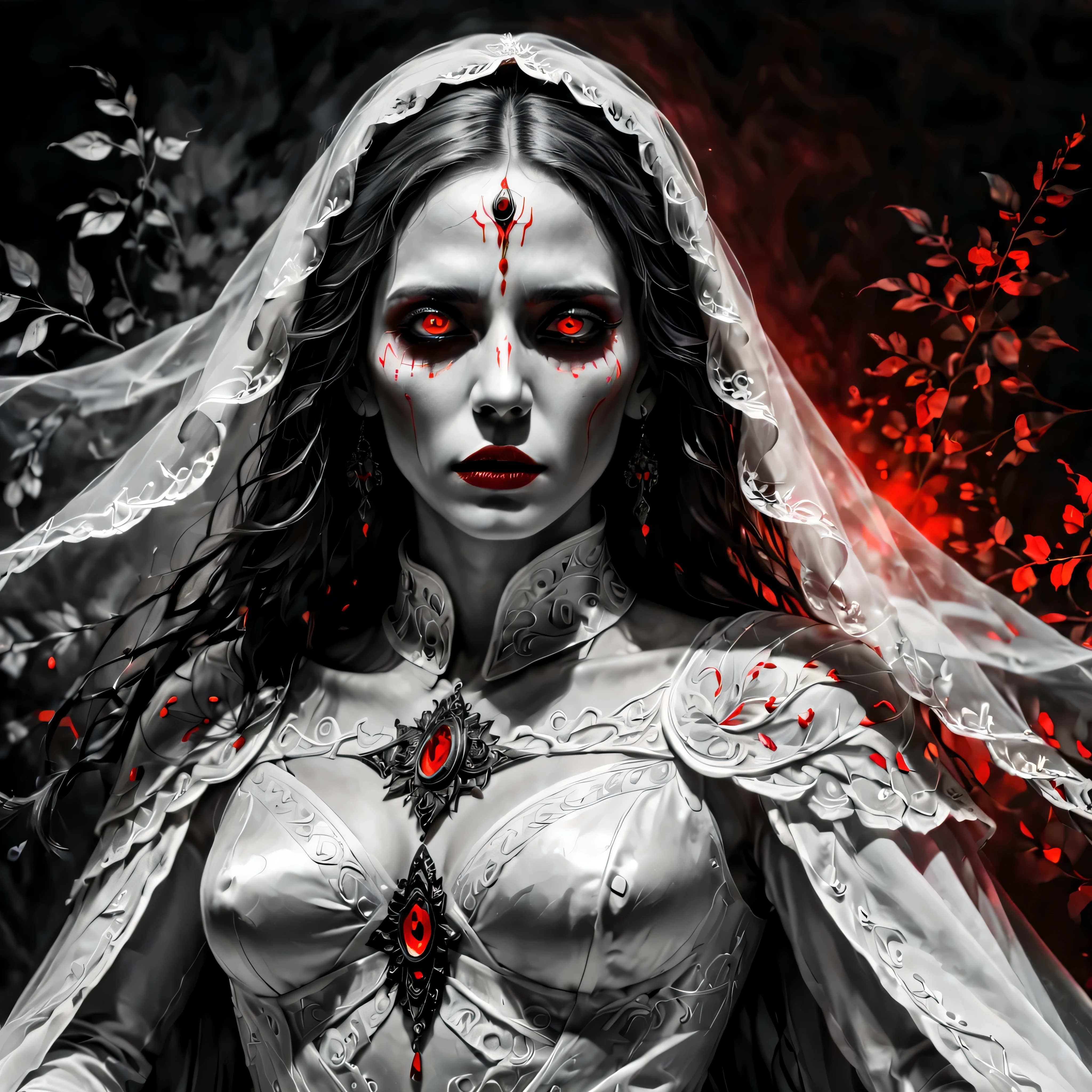 ((Selective color)), Drawing of La Llorona in Wedding Robe with Red Eye, smooth lines, fine art piece, Express expressions and postures through ink contrast, emphasize light, shadow and space. figurative art, (best quality, 4K, 8k, high resolution,masterpiece:1.2) ,(actual, photoactual, photo-actual:1.37).