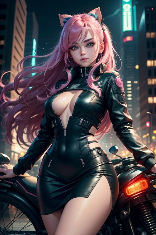 In the official art of this Unity 8k wallpaper, there lies a masterpiece of breathtaking beauty and aesthetic value. The foreground showcases an ultra-detailed cyberpunk character with long, light rose hair that falls in streaks, accentuated by a red akira-inspired bike parked nearby. Sporting a school uniform and a hair bow, this young woman's face displays a blush of youthful excitement and beauty. Her green eyes reflect the neon cityscape behind, framed by a mole under her left eye, adding a touch of uniqueness and charm.

Ahead of her lies the night-lit cyberpunk city view, where towering buildings reach for the