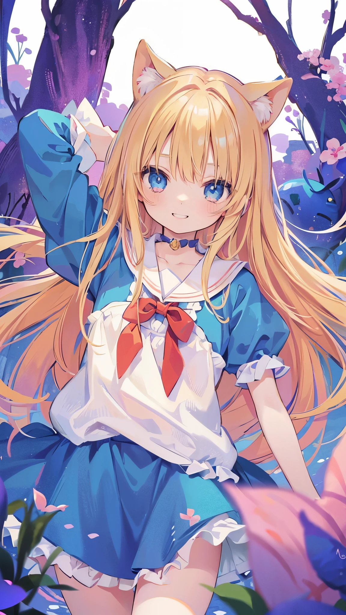 alice in wonderland、cute、blue ribbon on head、masterpiece、best image quality、highest quality、alice in wonderlandのコスチューム、alice in wonderlandの背景、colorful long blonde hair、colorful eyes、(low position、from below:1.2)