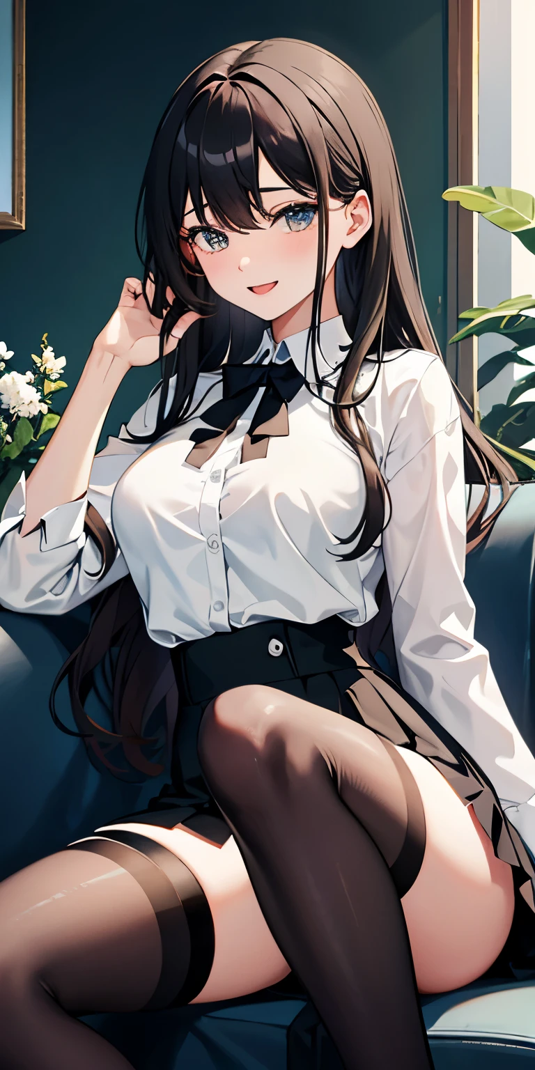 An excited girl sits on the sofa with her legs spread in a white shirt from under which her breasts are visible, a skirt and black stockings holding sadness while flirting