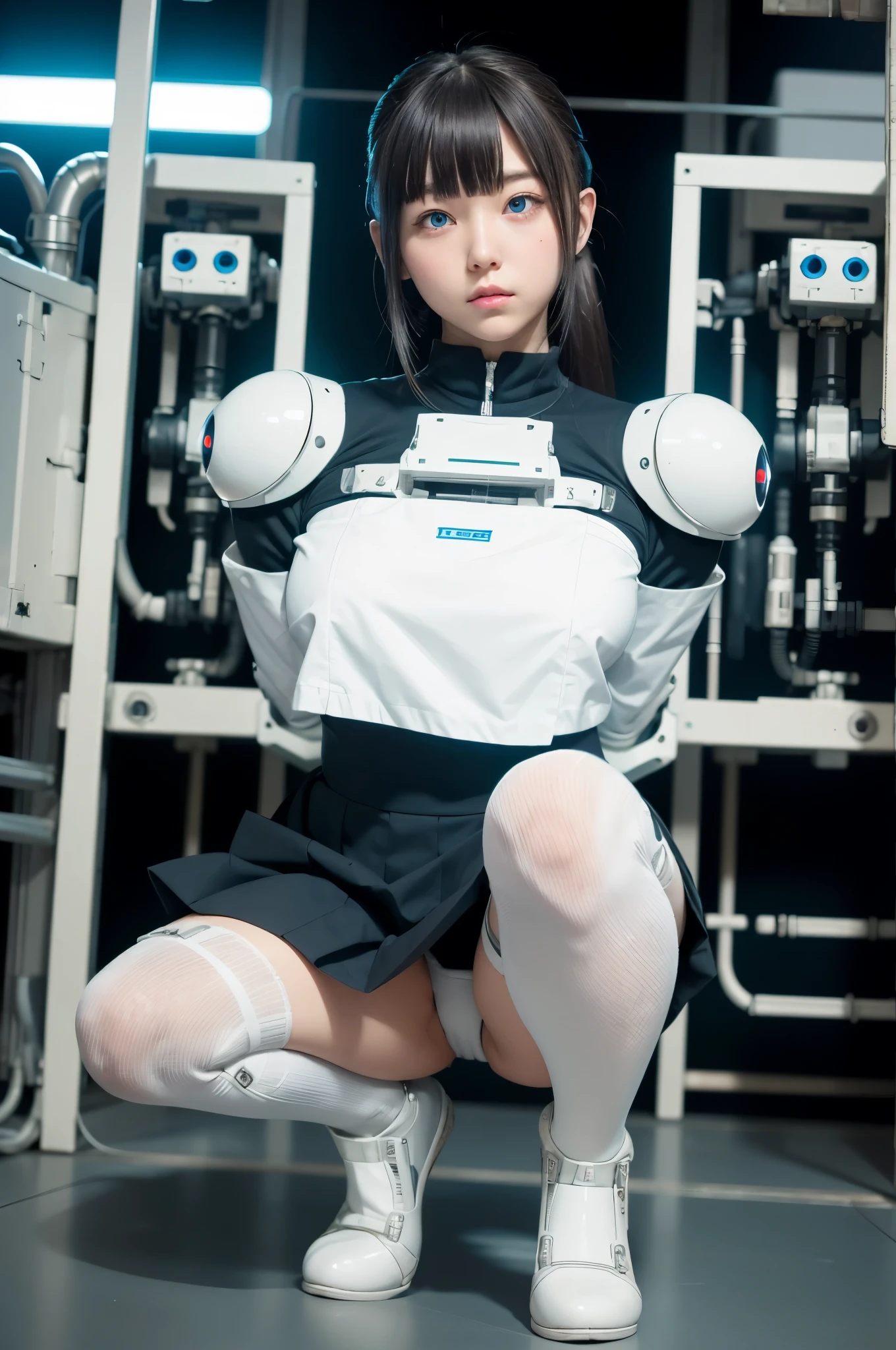 masterpiece, best quality, extremely detailed, Japanese android girl,Plump ,control panels,Squat,Mechanical Hand,Robot arms and legs, white robot body,blunt bangs,skirt,knee high socks,blue eyes