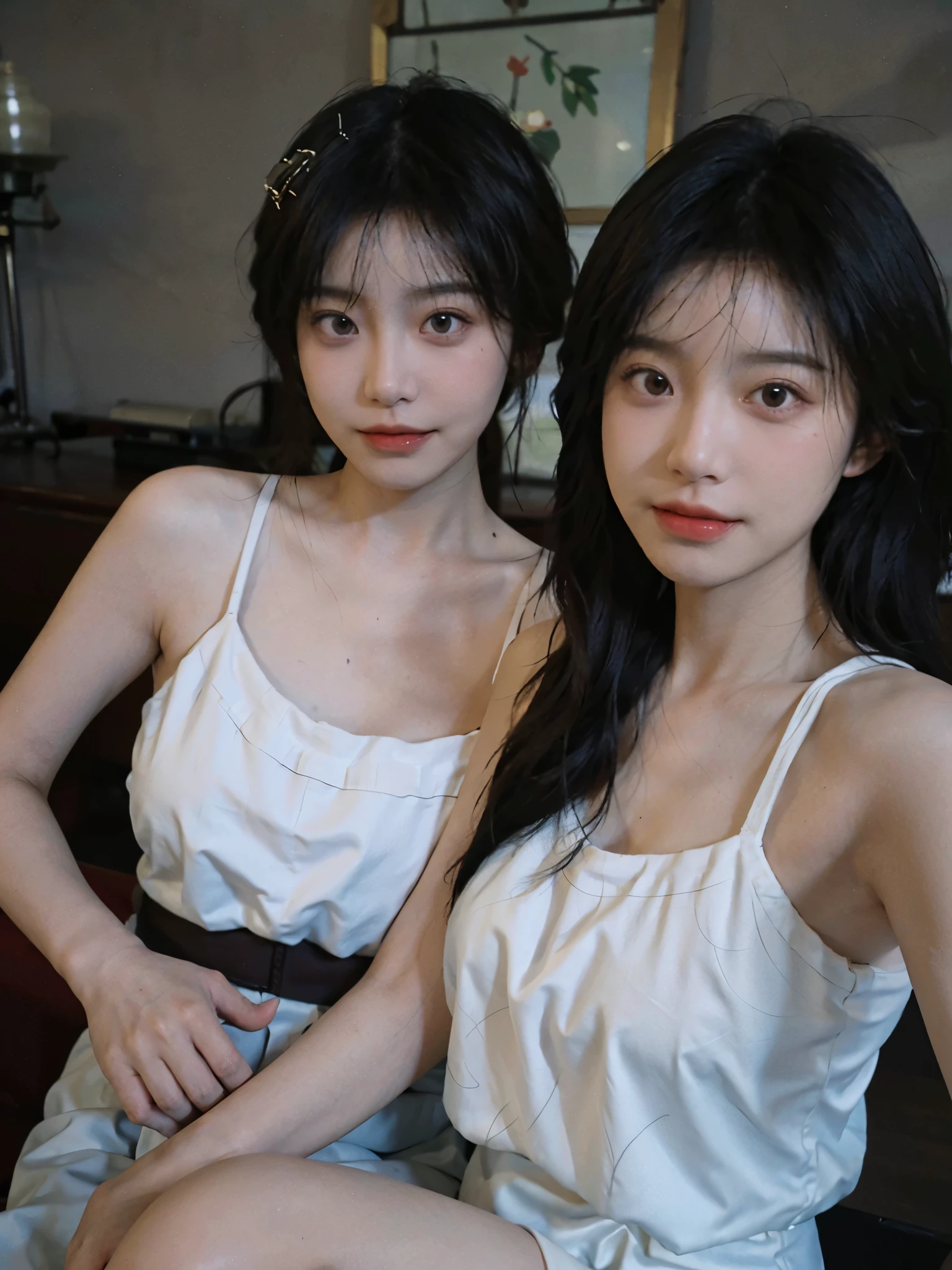Film portrait photography, 2 girls, 2 girls,twin,bare shoulders, Shoulder length wavy hair, Snow-white cheongsam,(Realistic and detailed eyes, natural skin texture, Realistic facial details),, depth of field, Bokeh, Vibrant details, Detailed and detailed, Surrealism, 35mm film, hazy, ,Selfie,