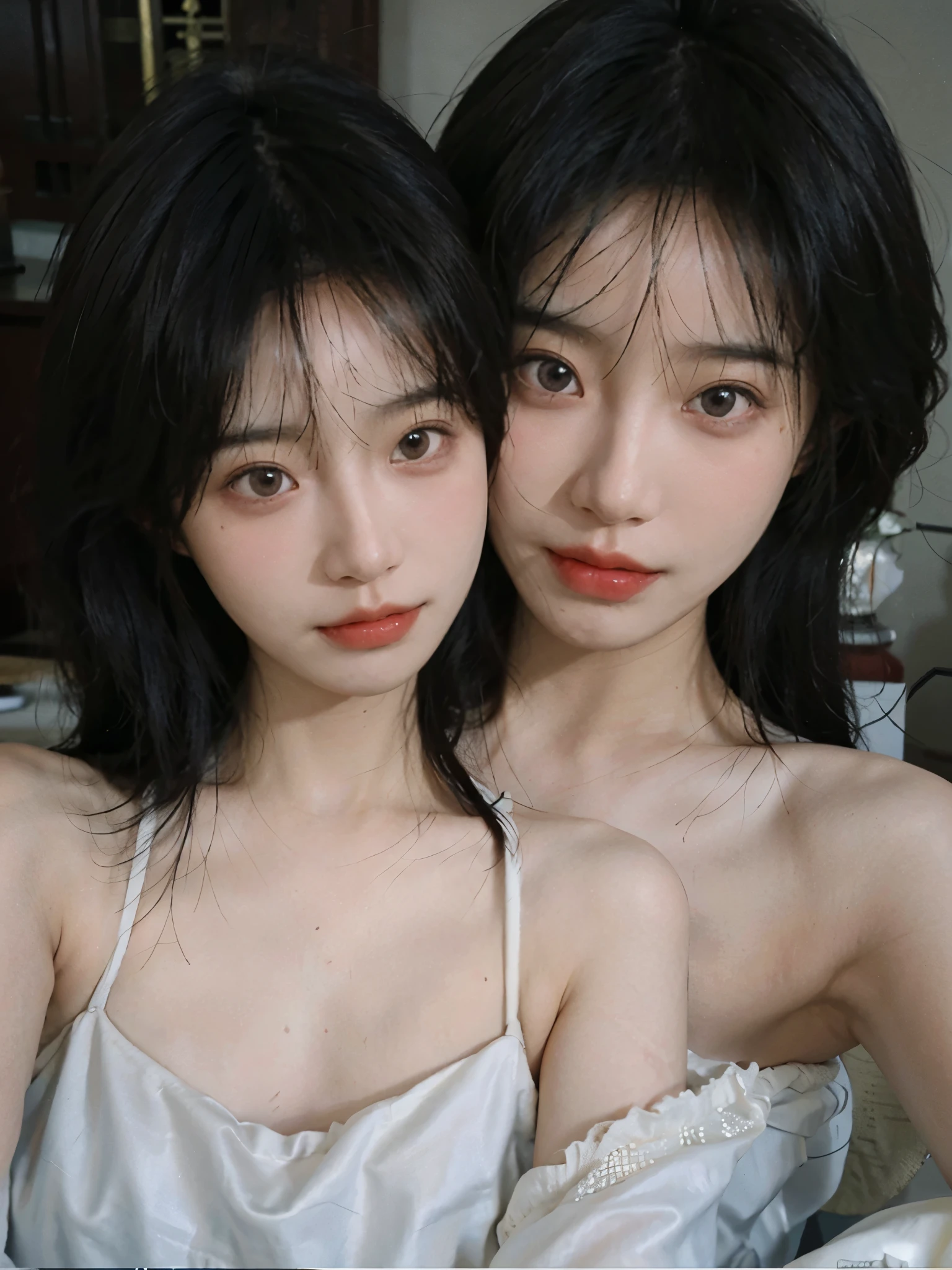 Film portrait photography, 2 girls, 2 girls,twin,bare shoulders, Shoulder length wavy hair, Snow-white cheongsam,(Realistic and detailed eyes, natural skin texture, Realistic facial details),, depth of field, Bokeh, Vibrant details, Detailed and detailed, Surrealism, 35mm film, hazy, ,Selfie,