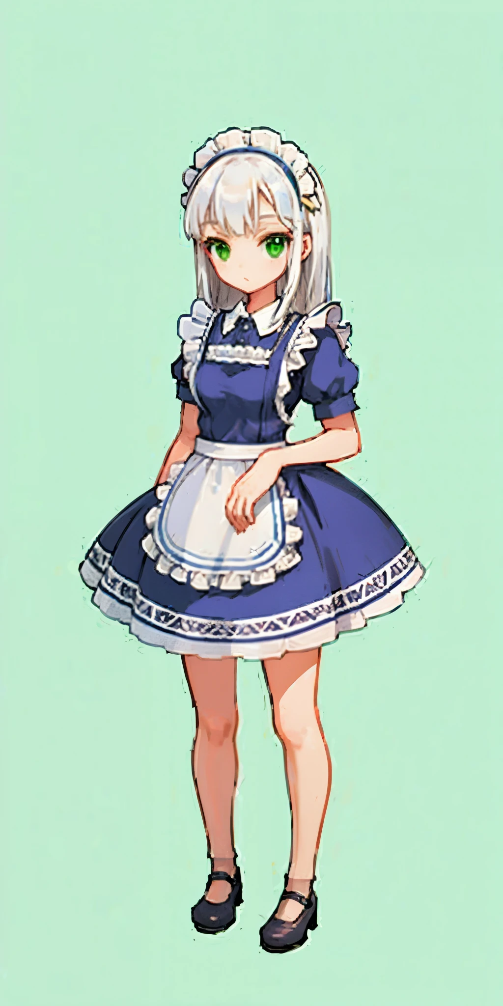 1girl, full body, white hair, green eyes, blue maid dress