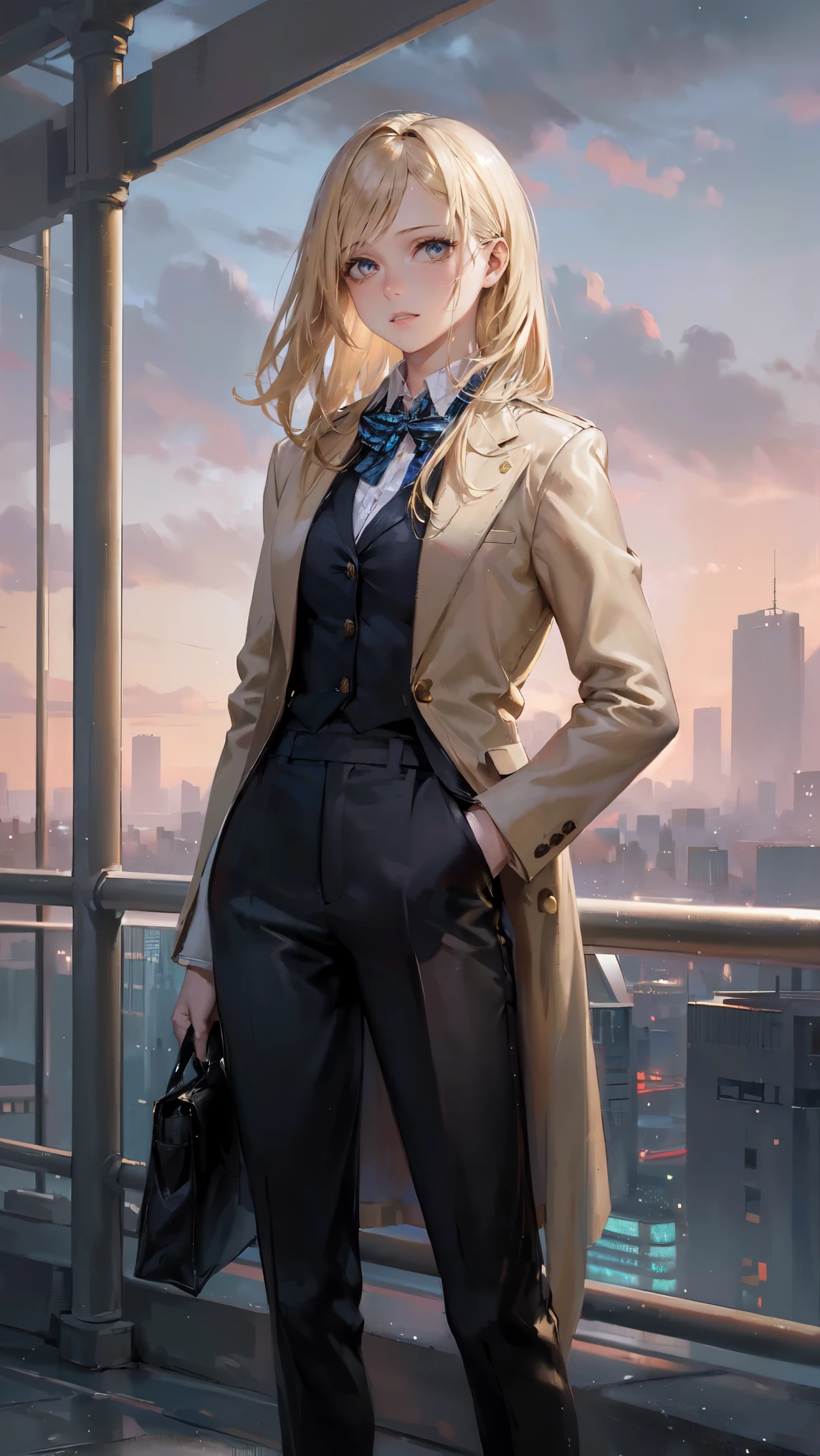 (best quality,4k,8k,highres,masterpiece:1.2),ultra-detailed,(realistic,photorealistic,photo-realistic:1.37),A girl with androgynous features,golden blonde hair,big expressive eyes,subtle makeup,beautiful jawline,symmetric face,soft skin,tall and slender,She is wearing a fashionable androgynous outfit made of high-quality fabrics,loose-fitting pants,striped tailored shirt with rolled-up sleeves,a well-tailored blazer,trousers fall perfectly on their shoes. She has a confident and poised posture,standing in front of an urban landscape with tall buildings and city lights. The scene is captured at dusk,with the warm glow of the setting sun casting a golden light over the girl and the city. The colors of the artwork are vibrant and vivid,with a mix of warm and cool tones. The lighting is dramatic and emphasizes the girl's features and the architectural elements in the background. The overall effect is a stunning and thought-provoking image that combines elements of fashion,beauty,and urban life.