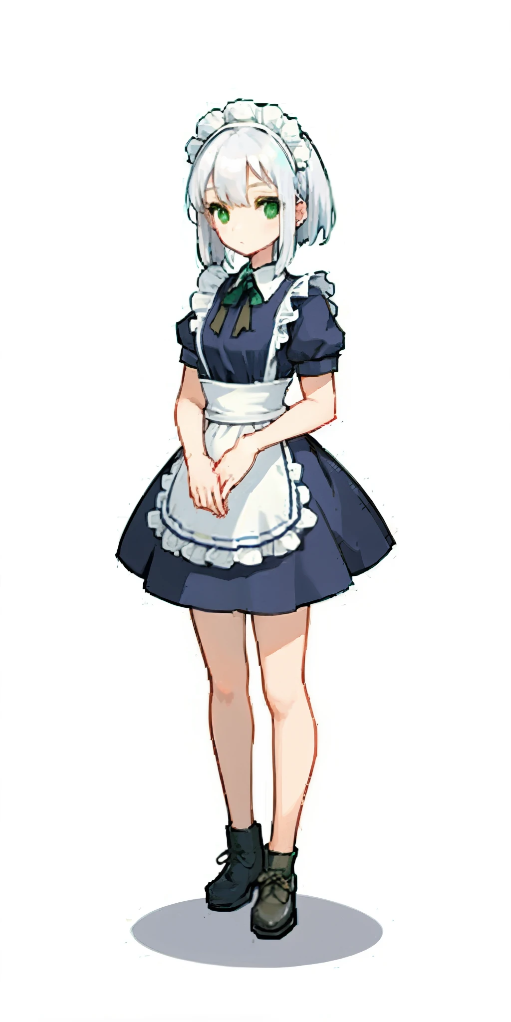 1girl, full body, white hair, green eyes, blue maid dress