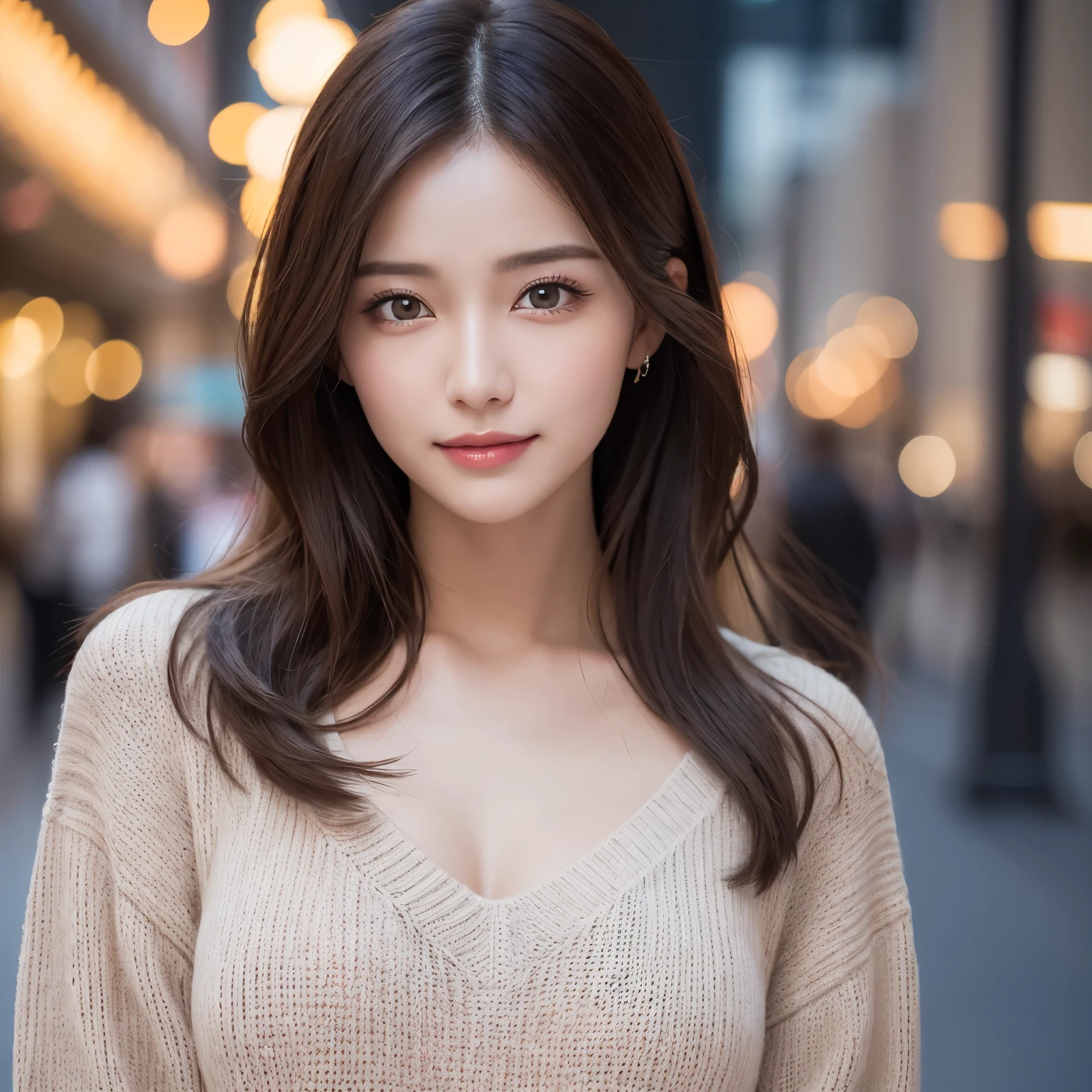 (highest quality、table top、8k、best image quality、Award-winning work)、one beautiful woman、25 years old、perfect dynamic composition、big and full breasts、[clavicle]、Tight brown V-neck knit、Perfect V-neck knit sweater、smile looking at me、Blurred Shinjuku background、standing elegantly、droopy eyes、natural makeup、Ultra high definition beautiful face、Ultra high-definition hair、Super high-definition sparkling eyes、Super high definition glossy lips、accurate anatomy