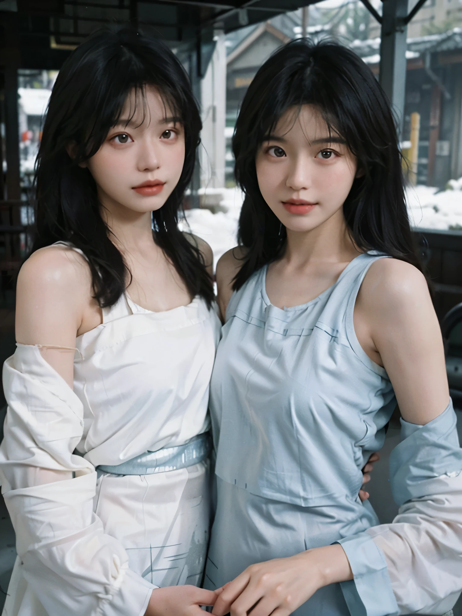 Film portrait photography, 2 girls, 2 girls，twin，bare shoulders, Shoulder length wavy hair, Snow-white cheongsam，(Realistic and detailed eyes, natural skin texture, Realistic facial details),, depth of field, Bokeh, Vibrant details, Detailed and detailed, Surrealism, 35mm film, hazy, ,Selfie，