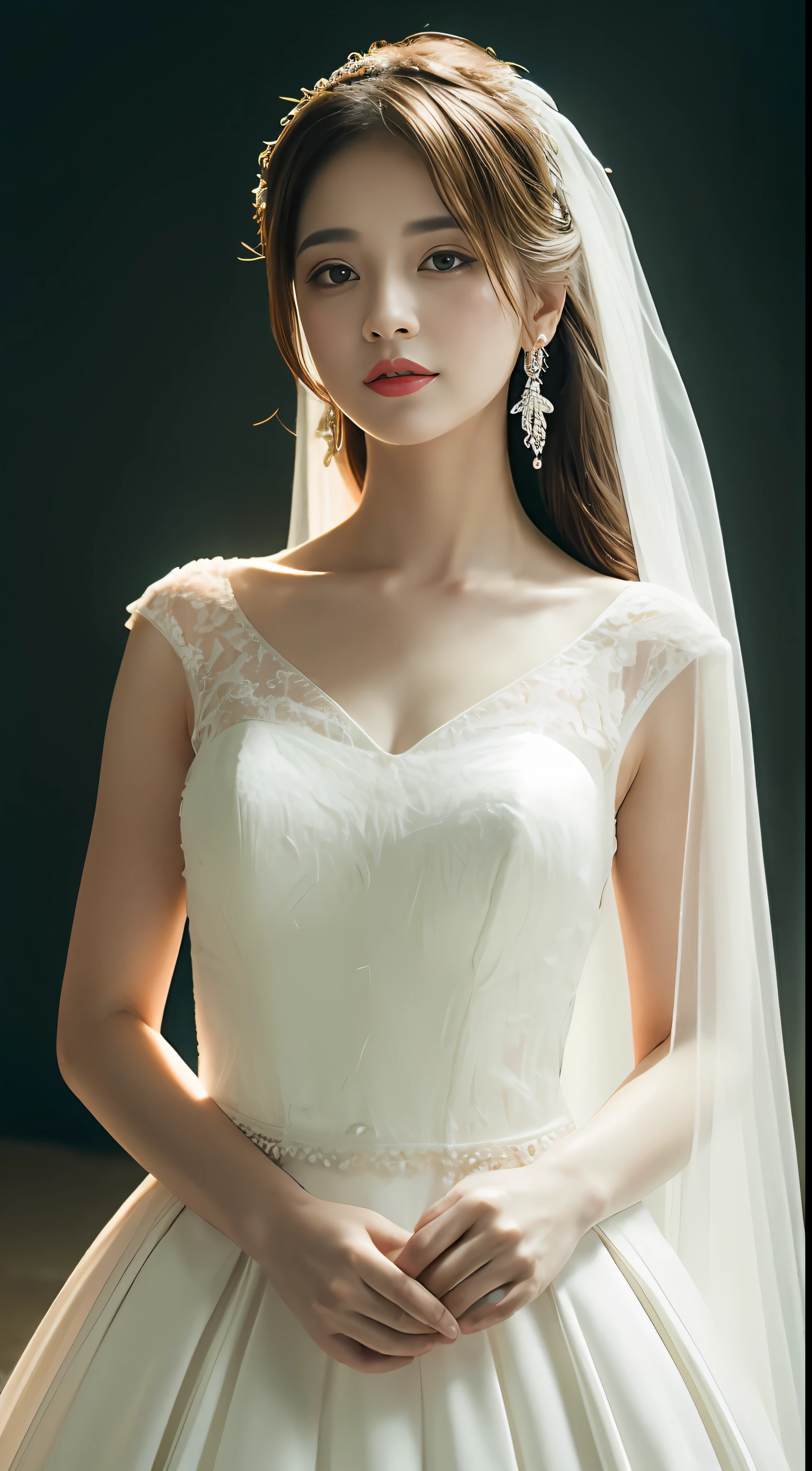 A beautiful girl wearing a high cut white beautiful wedding dress on interior background (Best quality, Detailed details, Masterpiece, , 4K, Chiaroscuro,Ultra-realistic, Highly detailed Canon videography )