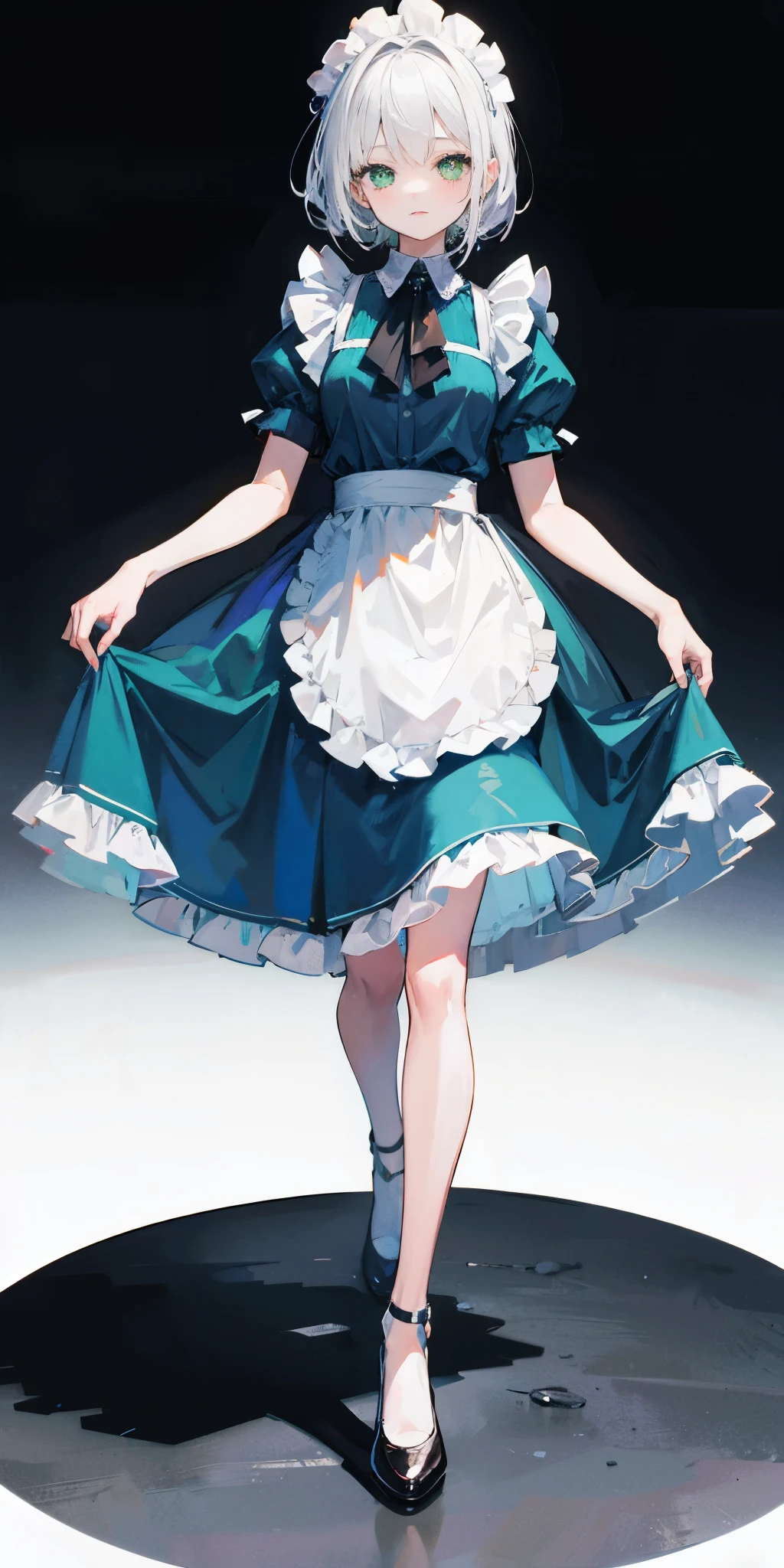 1girl, full body, white hair, green eyes, blue maid dress
