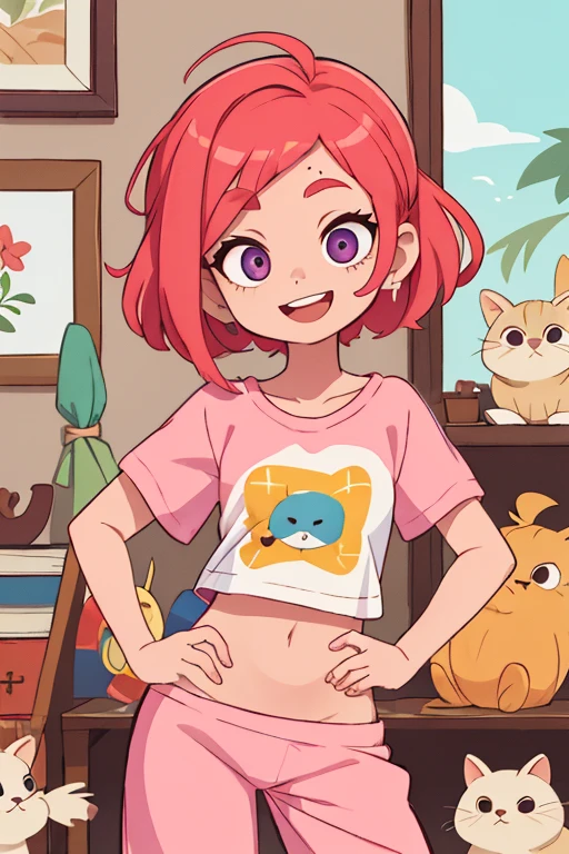 (obra de arte, melhor qualidade:1.2), tiro de vaqueiro, Sozinho, 1 garota, copos, cabelo rosa longo e fofo, Gordinho, camiseta branca, cute pink sweatpants, tiro de vaqueiro, leve sorriso, corte superior, pijamas, stomach, Umbigo exposto, seios grandes, pajama pants, half eyelid eyes, sedutor