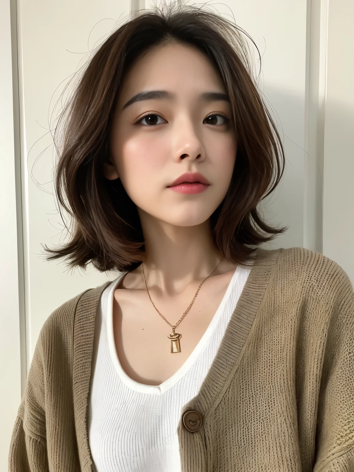 (highest quality、8k、32K、masterpiece、nffsw:1.2)、cute女性の、big and full breasts、very short bobbed hair、Upper body、surface focus、extra large_sweater、necklace、simple background、From above、looking at the viewer、mix 4、(8k、Raw photo、highest quality、masterpiece:1.2)、(realistic、Photoreal:1.37)、1 girl、cute、professional lighting、photon mapping、Physically based rendering、gradient brunette hair、short curly hair、Handsome、Girly、excellent image quality、High resolution、1080p、(clean face)、(Detailed facial description)、(detailed description of hands)、(Masseter muscle part)、(Detailed CG)、 extreme light and shadow、hair is dirty、masterpiece、rich details、(exquisite features)、(best image quality)、(masterpiece)、(detailed eye)、looking forward to your eyes、delicate clavicle、Various poses、Dong'Don'don't watch the mela、profile、white wall、Taken in front of the white door、(窓のあるwhite wallの部屋)、autumn clothes、Winter clothes、シンプルnecklace、yellow lean jacket