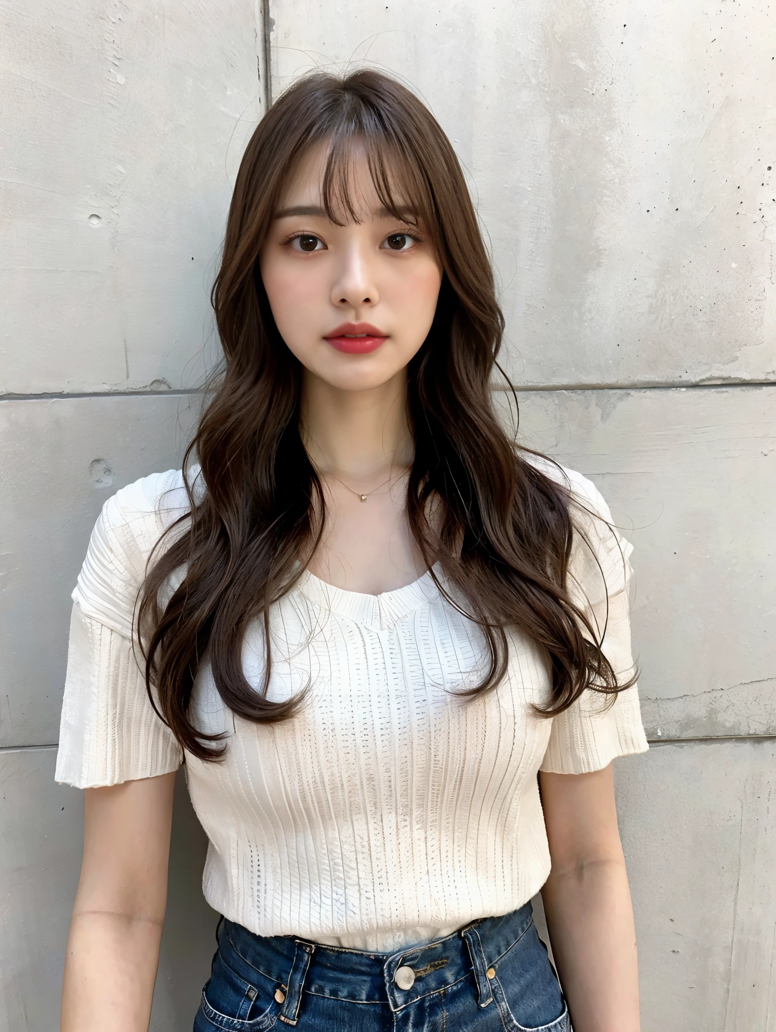 highest quality, 1 beautiful woman, 28 years old, s, 35mm lens, f/1, cowboy shot, concrete background、tile background、white waffle knit、light brown、tile wall,from below、wavy hair、medium hair