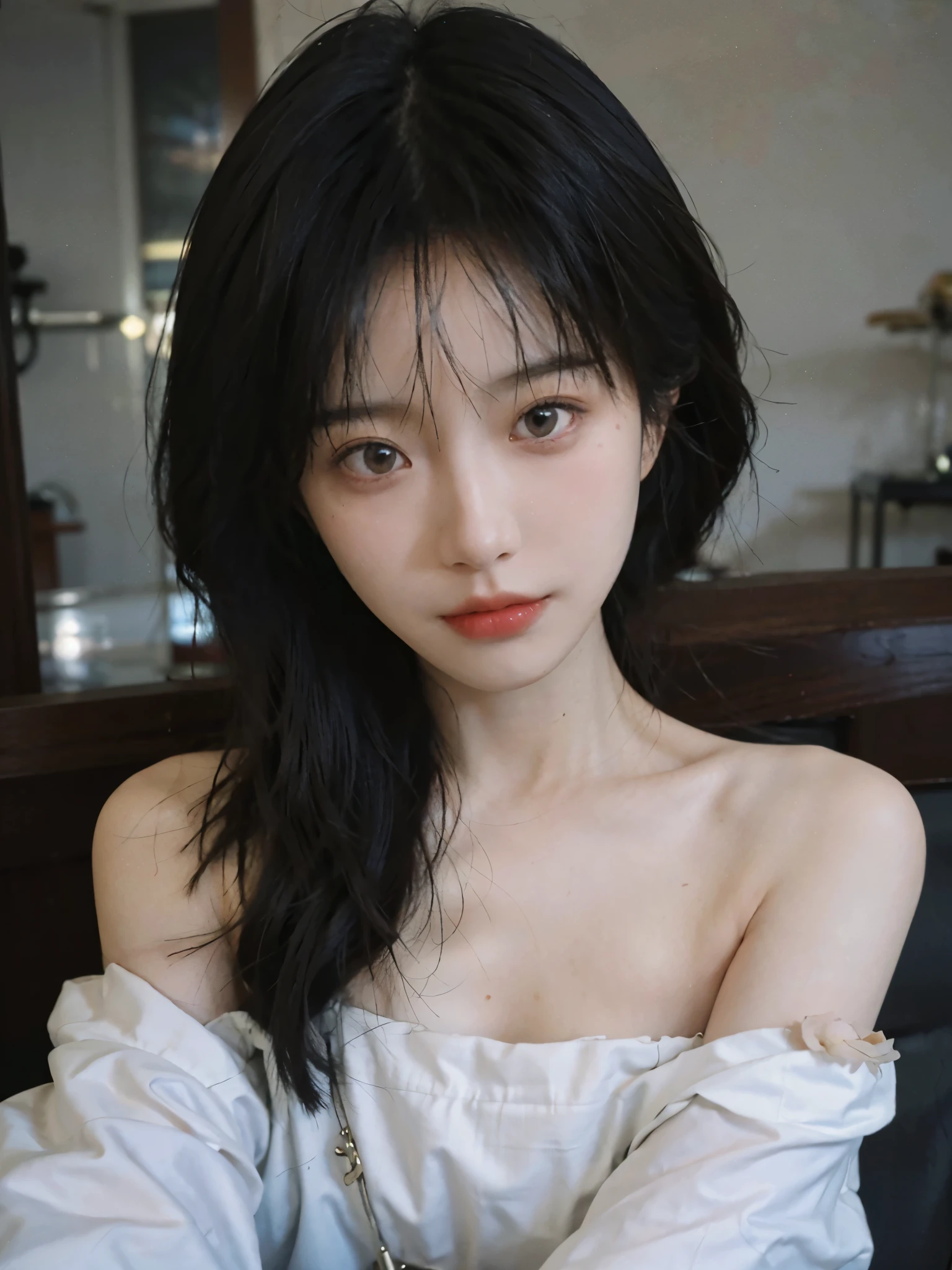 Film portrait photography, 2 girls, 2 girls,twin,bare shoulders, Shoulder length wavy hair, Snow-white cheongsam,(Realistic and detailed eyes, natural skin texture, Realistic facial details),, depth of field, Bokeh, Vibrant details, Detailed and detailed, Surrealism, 35mm film, hazy, ,Selfie,