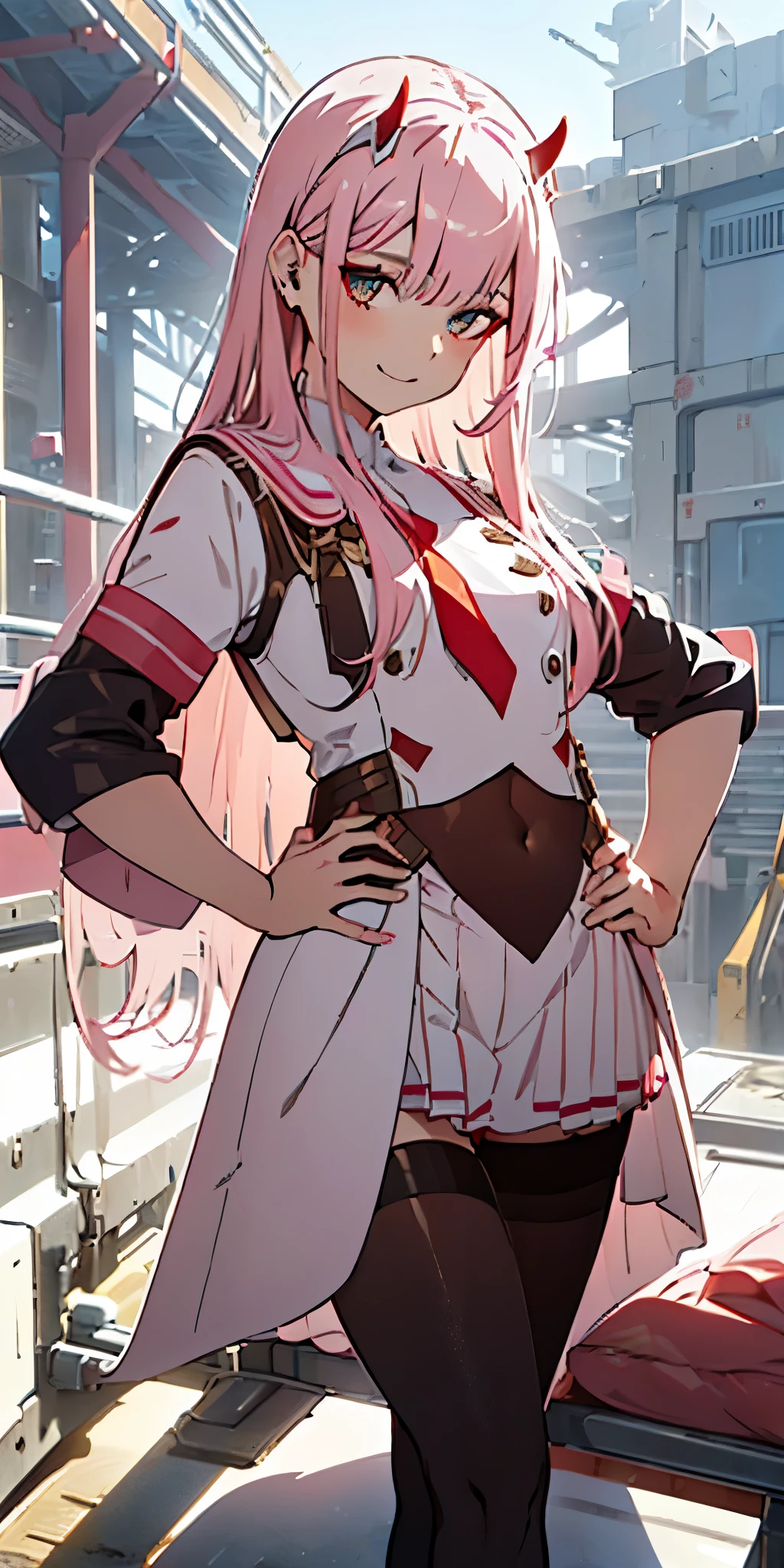 beautiful illustration、top-quality、Cute  s、bedroom、pink-haired、lenght hair, red color eyes、(((pink pleated skirt))、(((white sailor suit)))、shortsleeves、a navel、bare-legged、on the beds、lovely thighs、glowing thigh, 1girl, bangs, biting, blush, covered navel, eyeshadow, hair behind head, hand on hip, smile, long hair, looking at viewer, makeup, pilot suit, red eyeshadow, science fiction, skin tight, solo, ((masterpiece)),camel toe, (breast:0.6), 8k, (thick thighs:1.3), beautiful, trap, futa, zero two, small horns