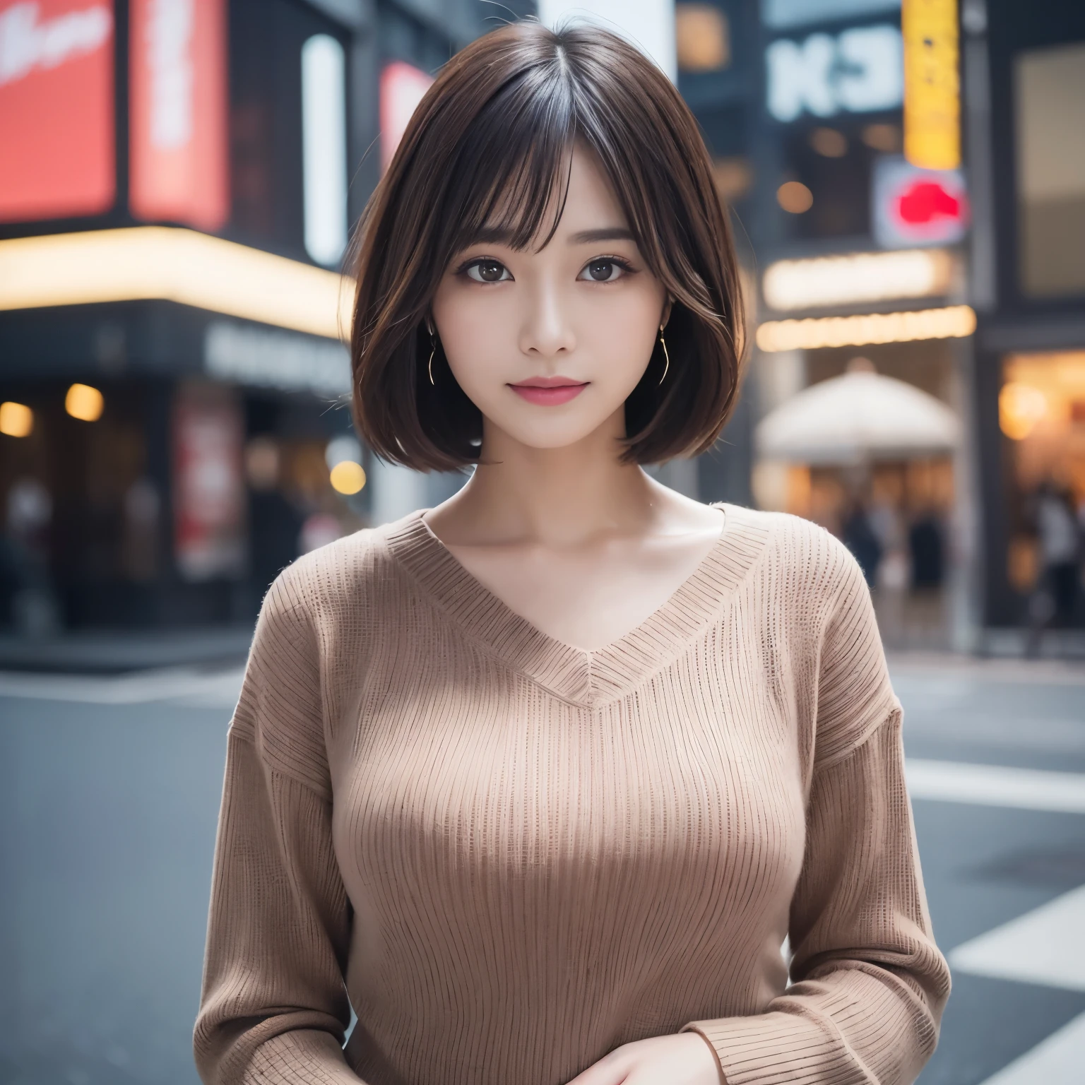 (highest quality、table top、8k、best image quality、Award-winning work)、one beautiful woman、25 years old、perfect dynamic composition、big and full breasts、[clavicle]、(very short bob hair:1.1)、(Chunky brown V-neck knit:1.1)、(Perfect V-neck knit sweater:1.1)、(pregnancy:1.1)、Full body photo、(photographing a woman from the very bottom:1.3)、smile looking at me、Blurred Shinjuku background、standing elegantly、droopy eyes、natural makeup、Ultra high definition beautiful face、Ultra high-definition hair、Super high-definition sparkling eyes、Super high definition glossy lips、accurate anatomy