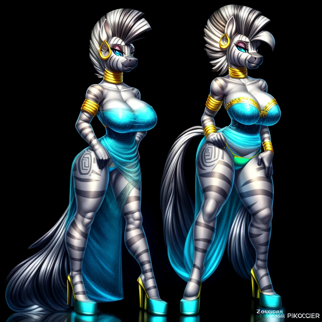 detailed,8k.4k,((Best quality, masterpiece, ultra high resolution)), ((full body)), by Skygracer, by pixelsketcher, ((zecora)), (Elsa dress cosplay), hoop earrings, bracelet, blue eyes, grey skin, furry female, neck ring, armlet, facial mark, zebra, navel, two-tone hair, grey fur, armlet, animal ears, facial mark, (solo), seductive smile, long hair, bangs, dress, animal ears, cleavage, bare shoulders, huge breasts, perky nipples under clothes, standing, tail, looking to the side, eyelashes, makeup, blue dress, strapless dress, side slit, cocktail dress, eyeshadow, hands on hips, masterpiece, best quality, perfect legs, transparent stockings, garters, blue high heels, studio lighting, (((transparent dress))), ((thong panties)), bra, transparent clothes