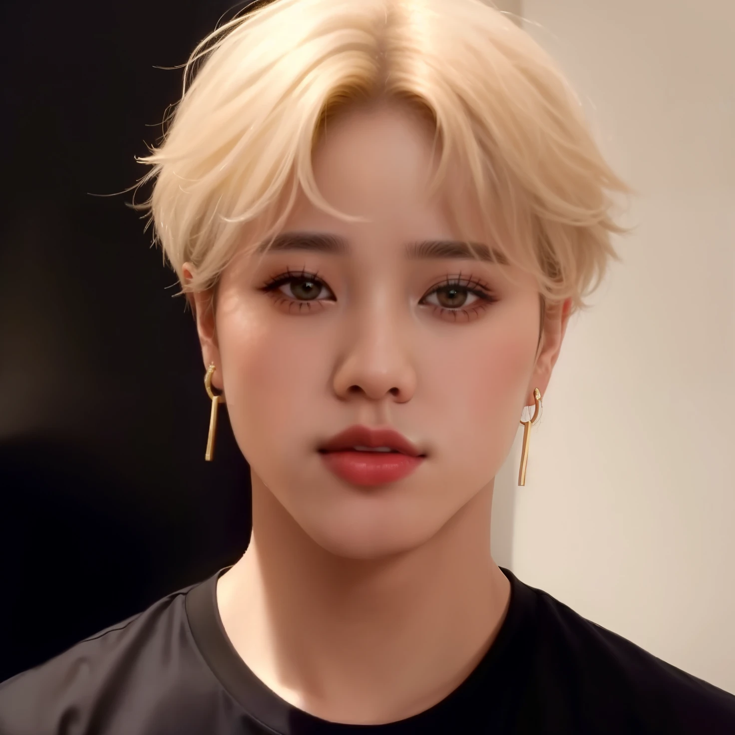 a close up of a man with a black shirt and earrings, jimin, jimin\'s plump lips, park jimin, jimin\'s right eyelid swollen, accurate jimin face, jimin\'s grecian nose, Park Jimin, Jimin Park, with same hairstyle, Jimin Park, with short hair, portrait of kpop idol, Park Jimin