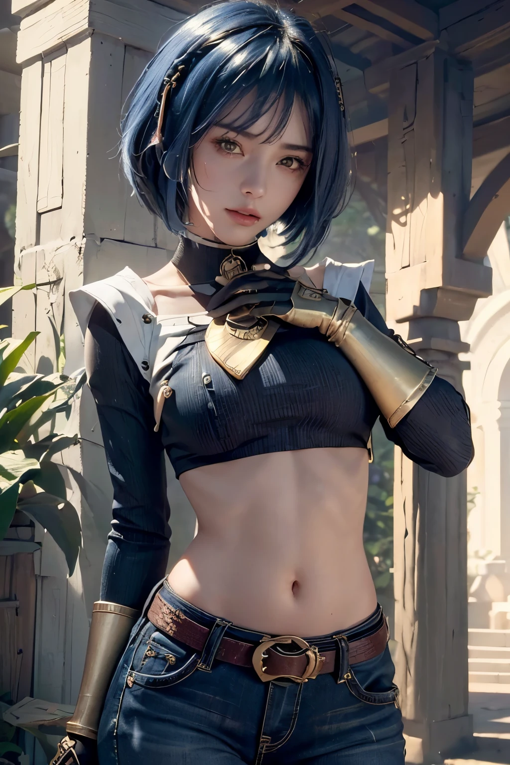 long sleeved crop top, long jeans, gold belt, ((midriff, navel)), looking at viewer, garden, dancing, ((cinematic lighting, masterpiece, anatomically correct, detailed textured skin, high details, highres, HD, 4K, 8k)), (kujou sara:1.3), (mask on head, blue hair, short hair, yellow eyes)