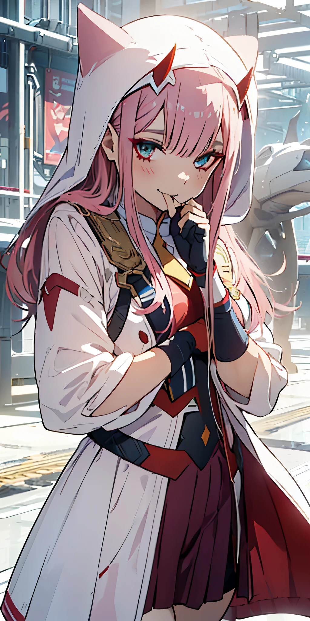 beautiful illustration、top-quality、Cute  s、bedroom、pink-haired、lenght hair, red color eyes、(((pink pleated skirt))、(((white sailor suit)))、shortsleeves、a navel、bare-legged、on the beds、lovely thighs、glowing thigh, 1girl, bangs, biting, blush, covered navel, eyeshadow, hair behind head, hand on hip, smile, long hair, looking at viewer, makeup, pilot suit, red eyeshadow, science fiction, skin tight, solo, ((masterpiece)),camel toe, (breast:0.6), 8k, (thick thighs:1.3), beautiful, trap, futa, zero two, small horns
