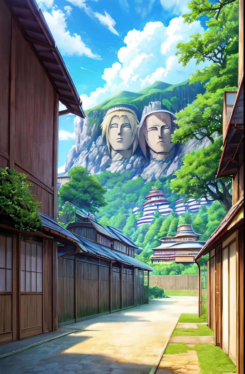 Photography, konohavillage paredes de la puerta de konoha, cable, tree, Hokage main statues on the mountain., flor, en la madrugada, paso de cebra, nubey sky, nube, color pastel,