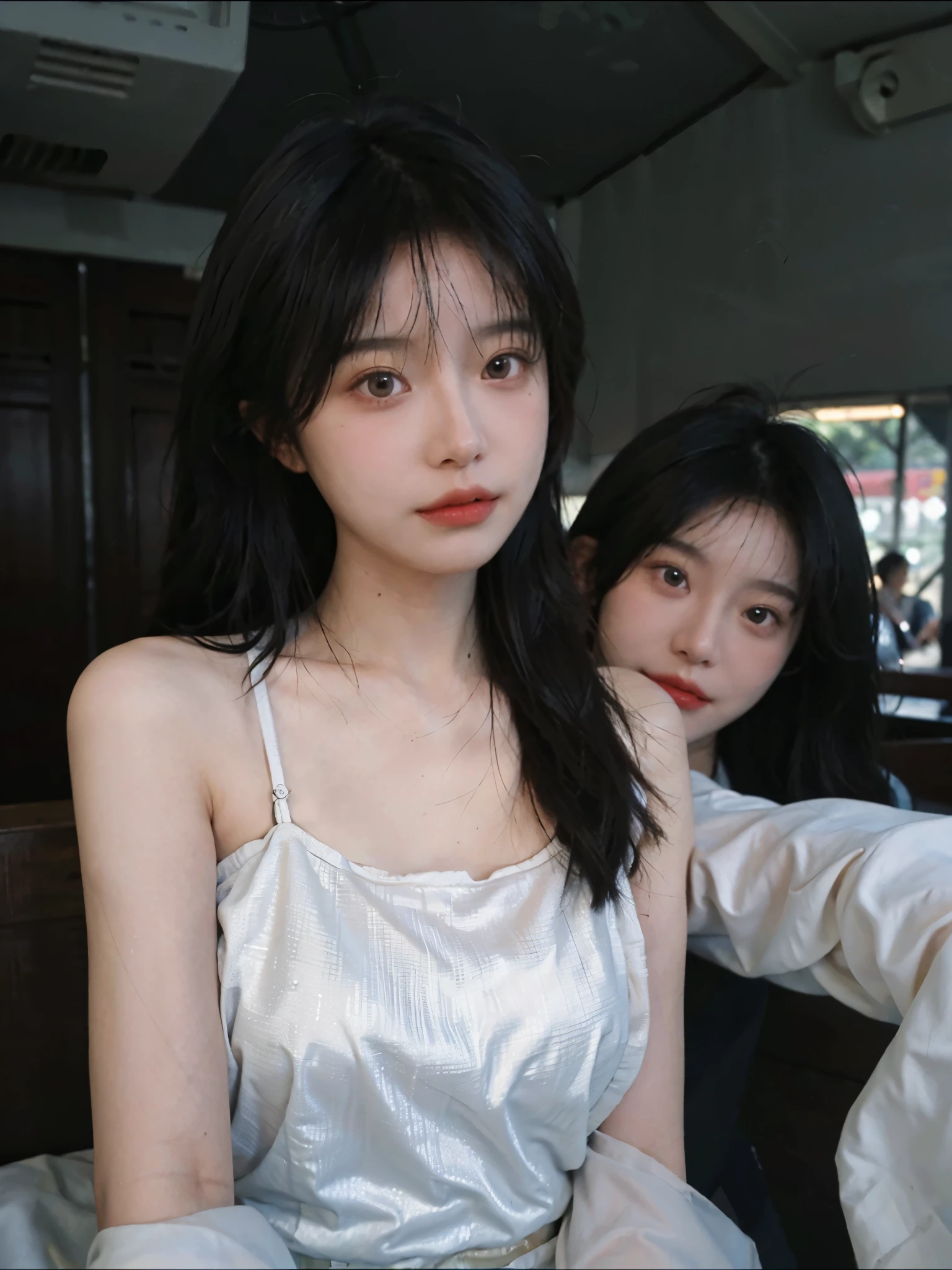 Film portrait photography, 2 girls, 2 girls，twin，bare shoulders, Shoulder length wavy hair, Snow-white cheongsam，(Realistic and detailed eyes, natural skin texture, Realistic facial details),, depth of field, Bokeh, Vibrant details, Detailed and detailed, Surrealism, 35mm film, hazy, ,Selfie，