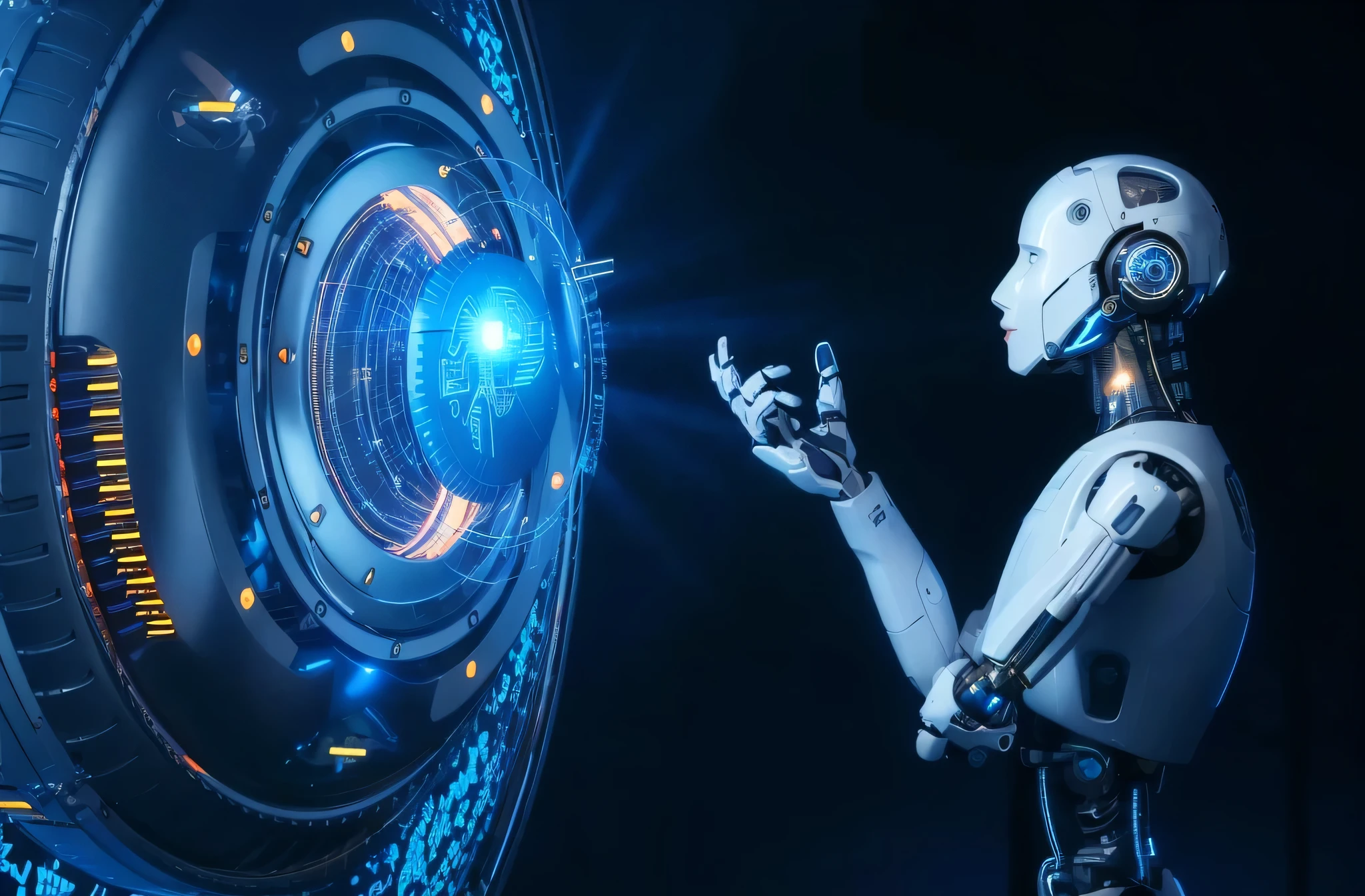 uma luz brilhante ao fundo, strong artificial intelligence, infinite collaboration with AI, a vinda da singularidade da IA, artificial intelligence, com tema de IA, artificial intelligence!!, the image is futuristic, integrated synthetic android, ai produzindo o realista, artificial intelligence machine