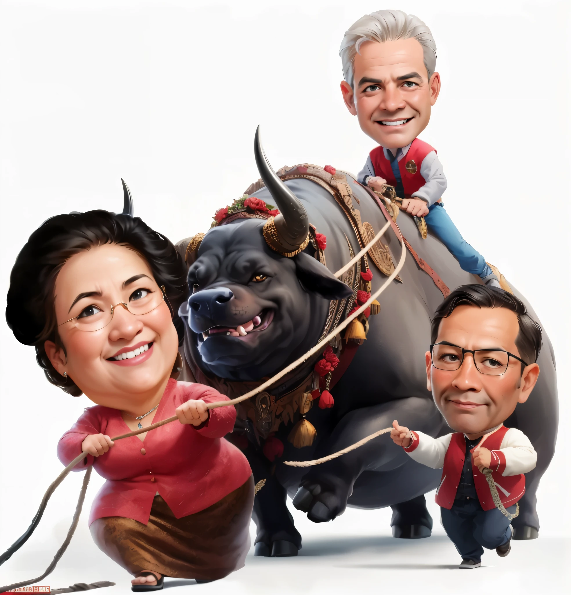 cartoon of a man and woman riding a bull with a man on a horse, hyper bullish, official illustration, human dressed as a bull, the spirit of the bull run, bull, fanart, by Pablo Carpio, by Luis Miranda, by Luis Molinari, caricature, by Eddie Mendoza, including a matador & a bull, promotional art, official print