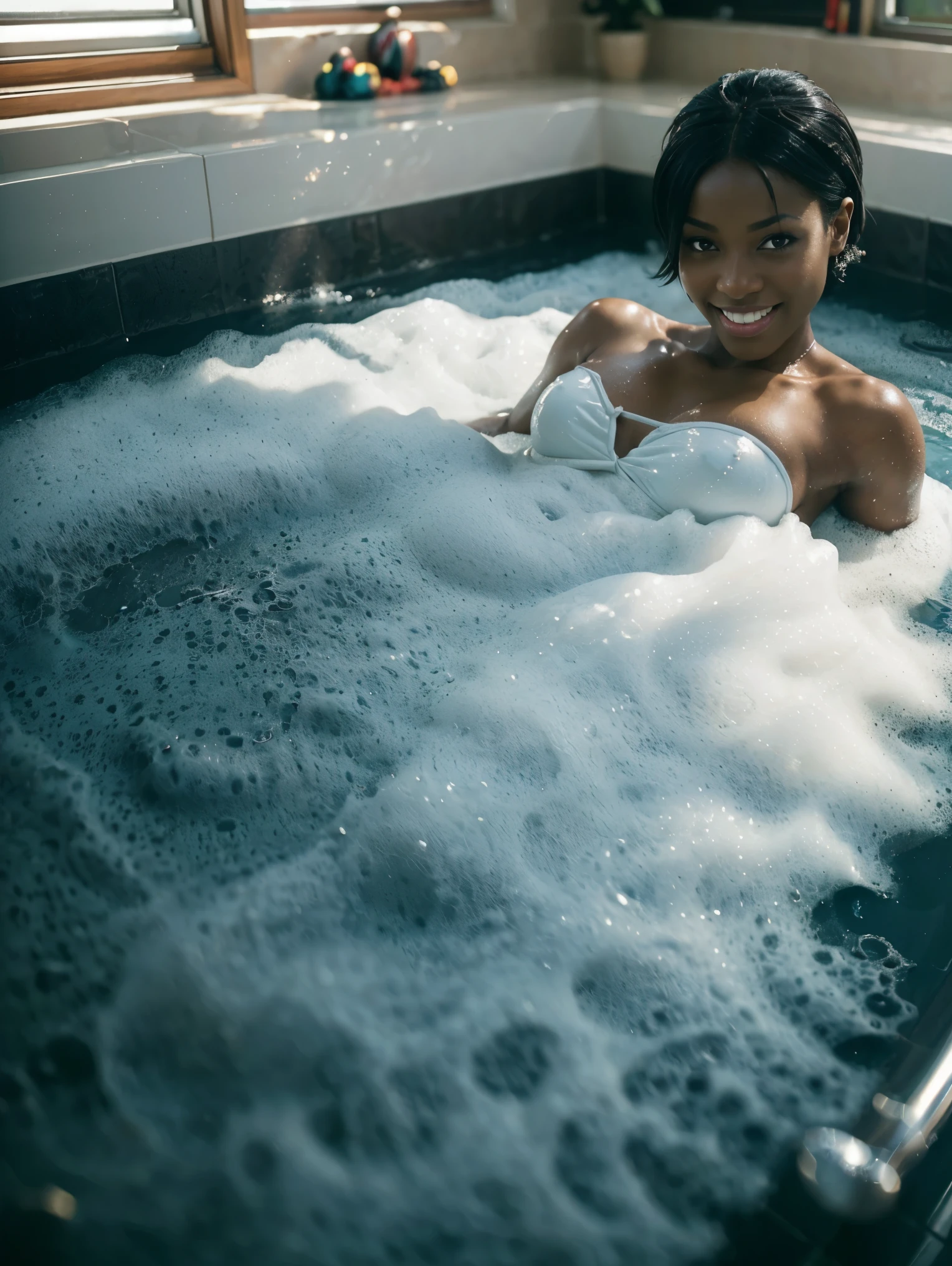 portrait photo of sexy woman in a , (african female,  short black hair tied up, athletic body, medium breasts size, brown eyes, beauty skin: 1.3), (laughing), smiling, (masterpiece, best quality, intricate details, highly detailed:1.2), close up photo of a mature woman, (dark skin: 1.5), thighs, sagging breast, slender waist, swanking, lying down in a bathtub, foam covering body, bubble bath, sunlight, bokeh