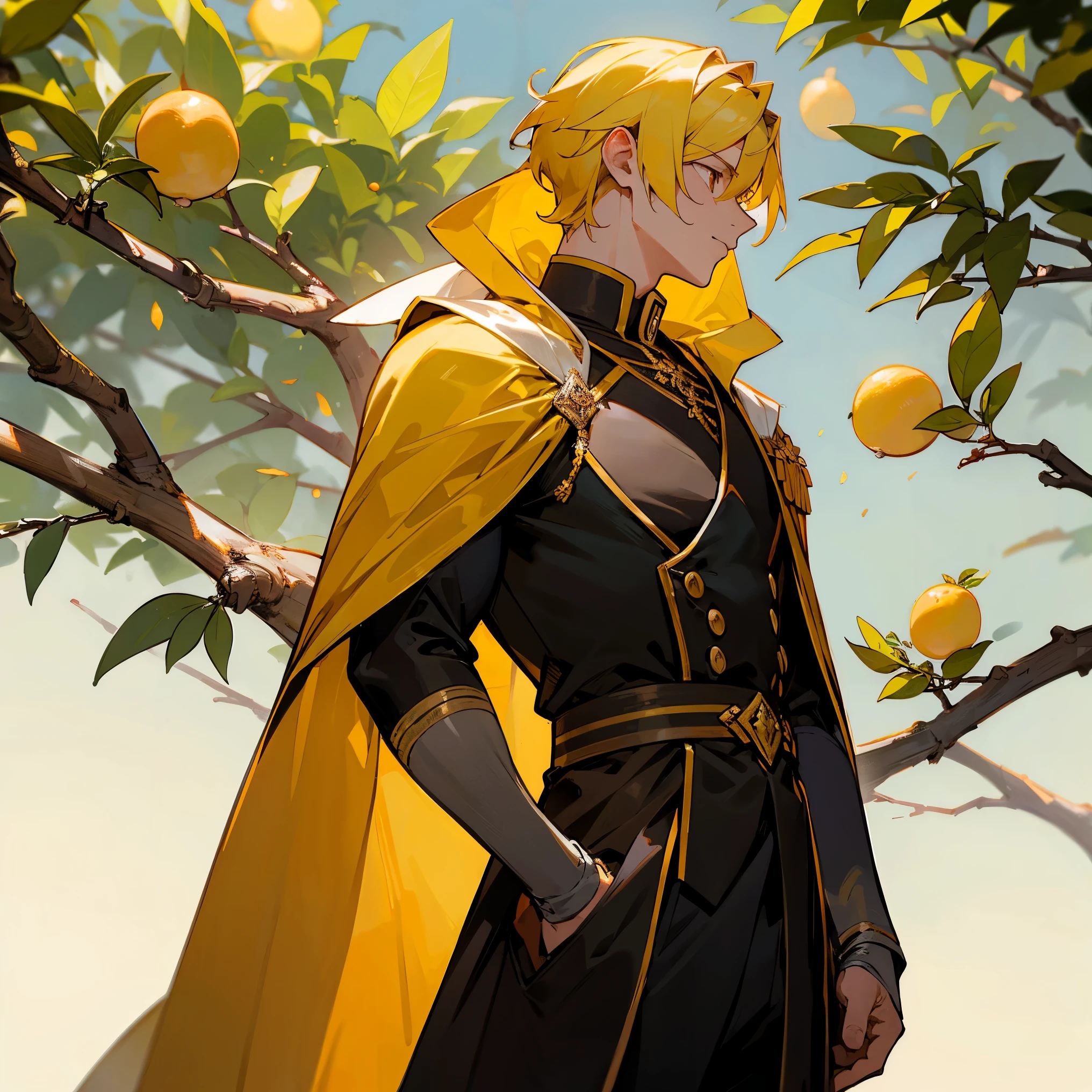 1male , Yellow Hair , Brown Eyes , Lemon Tree in background , Lemon , Orange , Adult Male , Royal Guard Clothing , Black Clothing , Combat Clothing , Masterpiece Quality , Perfect Generation , Muscular