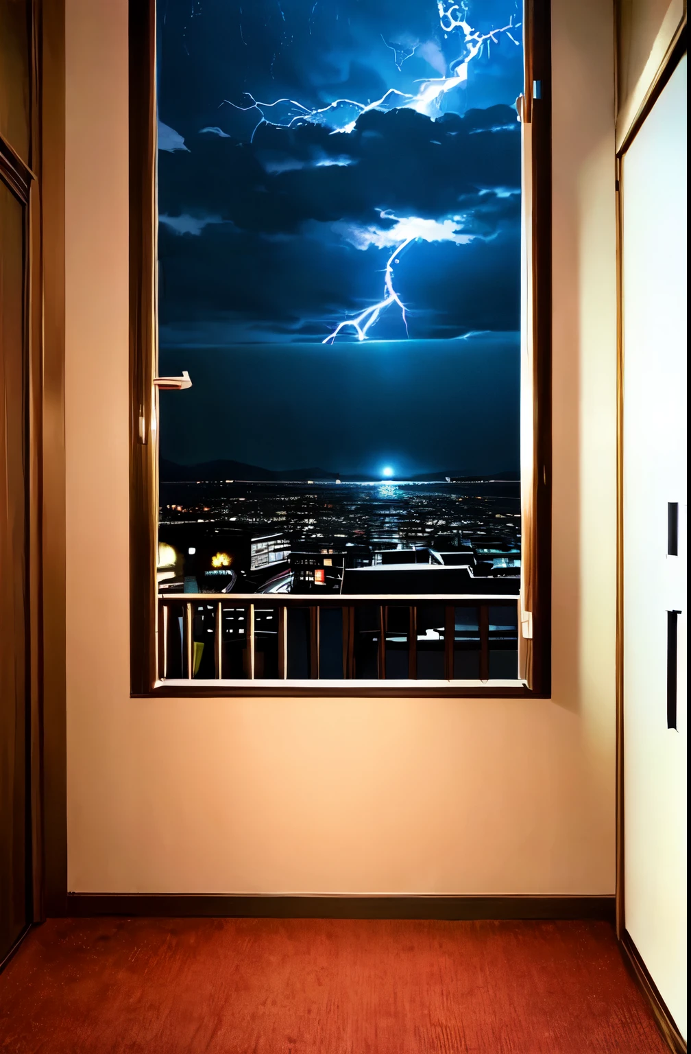 Cuarto de hotel muy iluminado, cama desordenada, Lightning, night setting konoha type room