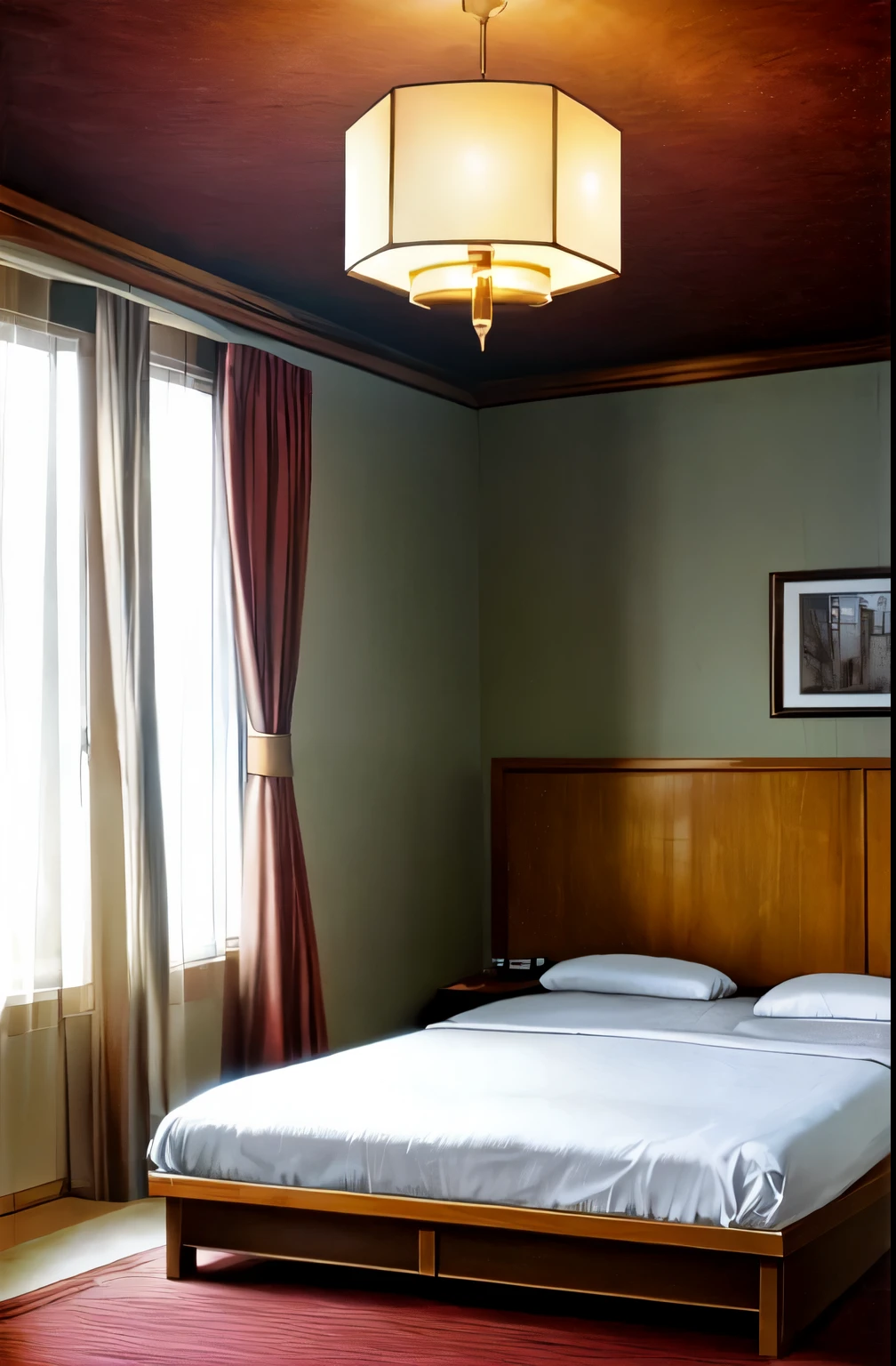 Cuarto de hotel muy iluminado, cama desordenada, Lightning, night setting konoha type room