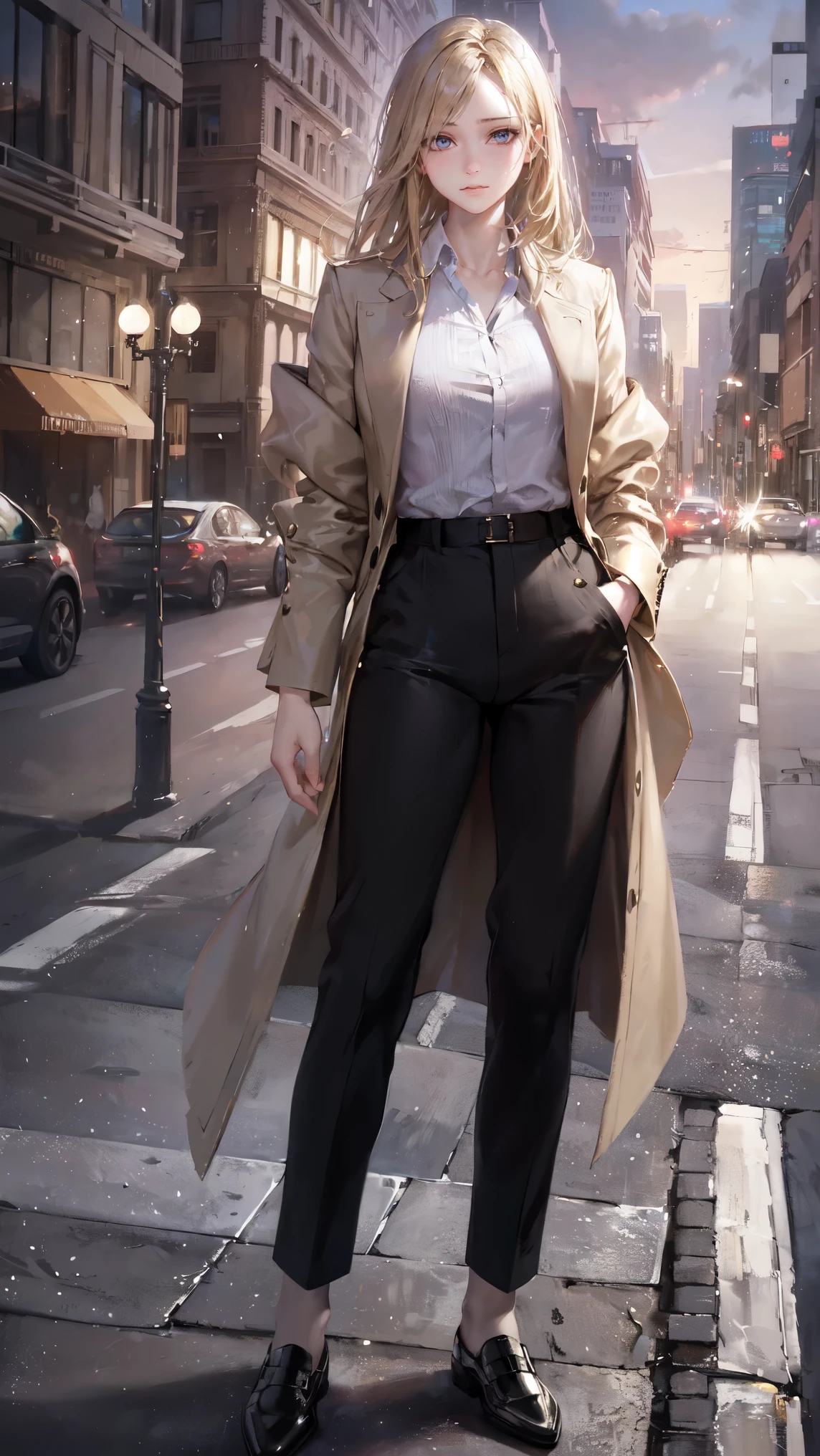 (best quality,4k,8k,highres,masterpiece:1.2),ultra-detailed,(realistic,photorealistic,photo-realistic:1.37),A girl with androgynous features,golden blonde hair,big expressive eyes,subtle makeup,beautiful jawline,symmetric face,soft skin,tall and slender,She is wearing a fashionable androgynous outfit made of high-quality fabrics,loose-fitting pants,striped tailored shirt with rolled-up sleeves,a well-tailored blazer,trousers fall perfectly on their shoes. She has a confident and poised posture,standing in front of an urban landscape with tall buildings and city lights. The scene is captured at dusk,with the warm glow of the setting sun casting a golden light over the girl and the city. The colors of the artwork are vibrant and vivid,with a mix of warm and cool tones. The lighting is dramatic and emphasizes the girl's features and the architectural elements in the background. The overall effect is a stunning and thought-provoking image that combines elements of fashion,beauty,and urban life. (night  city), (cameltoe)