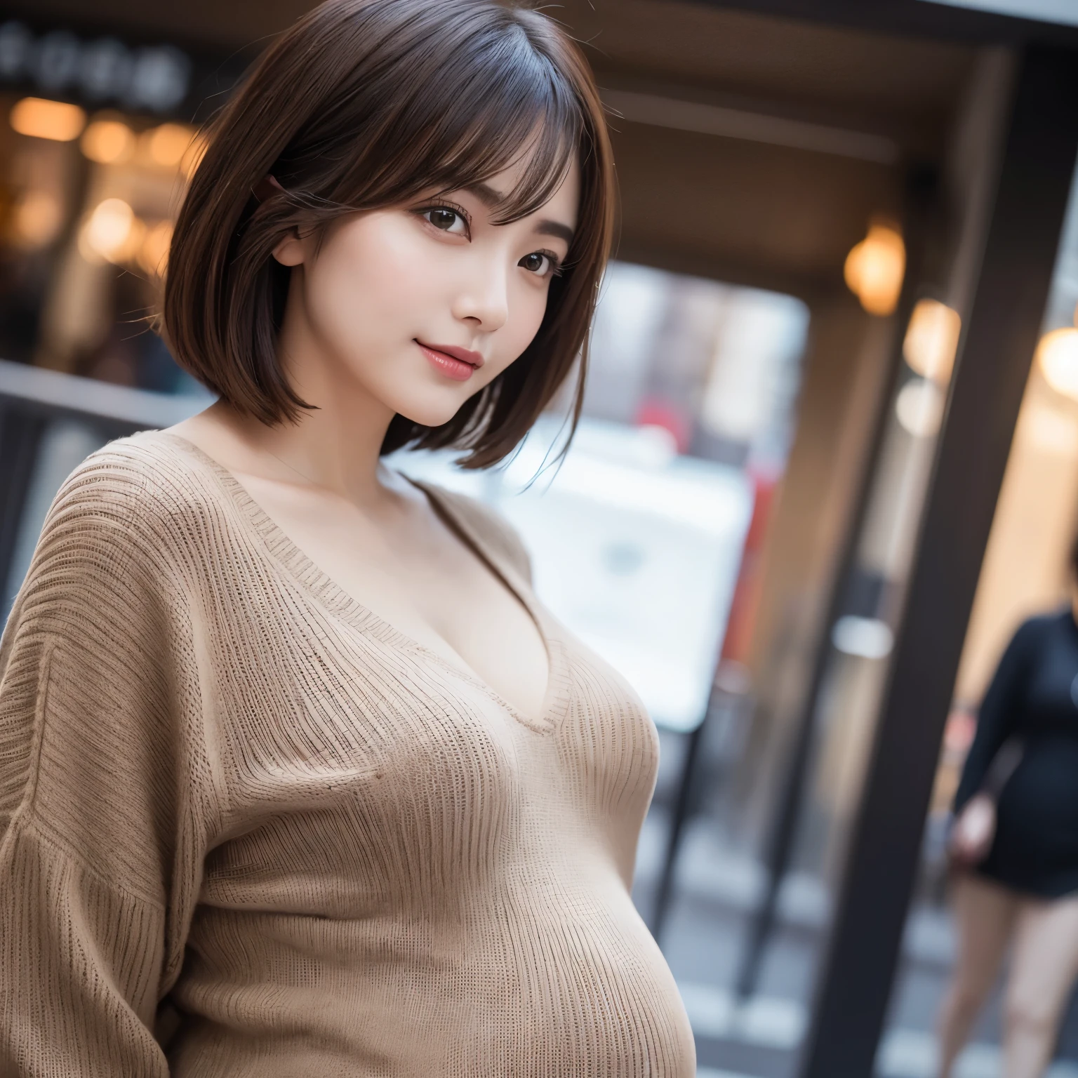 (highest quality、table top、8k、best image quality、Award-winning work)、one beautiful woman、25 years old、perfect dynamic composition、big and full breasts、[clavicle]、(very short bob hair:1.1)、(Chunky brown V-neck knit:1.1)、(Perfect V-neck knit sweater:1.1)、(pregnancy:1.2)、Full body photo、(Photographing a woman from a very low angle:1.5)、smile looking at me、Blurred Shinjuku background、standing elegantly、droopy eyes、natural makeup、Ultra high definition beautiful face、Ultra high-definition hair、Super high-definition sparkling eyes、Super high definition glossy lips、accurate anatomy