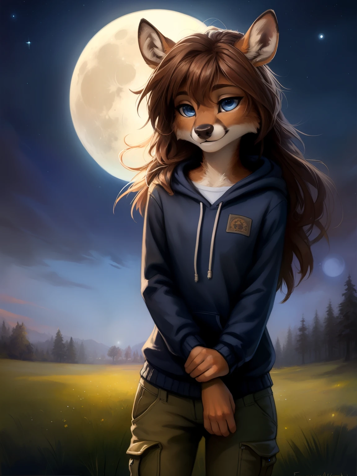 uploaded the e621, beautiful and detailed portrait of a (((female))) small very young solo teenage young anthro female deer doe with with small hips and a skinny body and ((clear navy blue eyes)), ( small legs and hips :1.5), small pelvis, Slim waist,wearing a hoodie and jeans cargo pants, long brown hair, kenket, Ross Tran,ruan jia, uploaded to e621, zaush, foxovh, zenematic lighting, deer,full body, day, beautiful, messy hair, brown hair, 1girl, solo, night, smiling shyly, detailed,hair covering eyes, cameltoe, full moon night sky, spring season, black and brown hair, long hair floating in the wind, beautiful, (sublime: 1.0), (Extremely sensitive: 1.0),