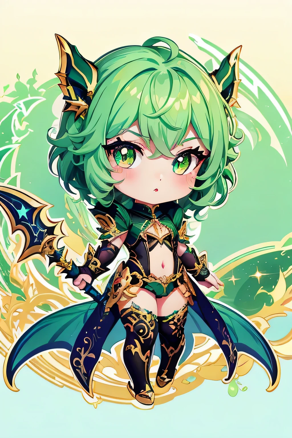 green hair chibi character with dragon spear, adesivo,illustration,olhos detalhados,Detailed lips,ultra-detalhado,Gradiente de cabelo,Olhos brilhantes,Fantasy lighting,colorida,studio lighting,anime,Pose legal,dynamic,retrato,high resolution,fundo colorido,obra de arte:1.2