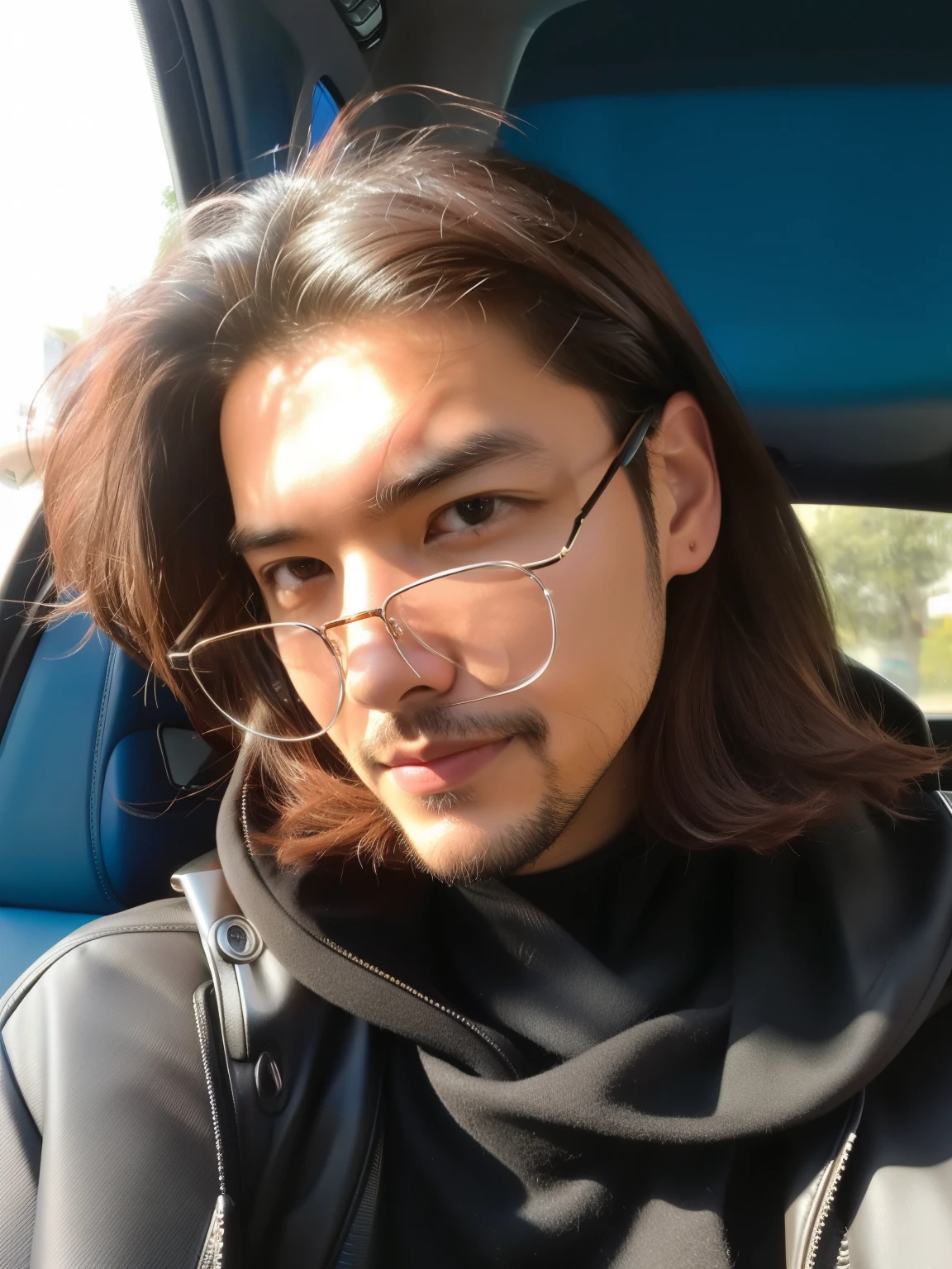 sharp man with glasses and hood sitting in a car, Serpentina do Twitch / jogador Ludwig, xqc, profile picture with headshot, young com cabelo comprido preto, taken at the beginning of 2020, V bts, maxilar quadrado, com cabelo comprido, half body head shot, cabelo meio longo, homem coreano, com fones de ouvido