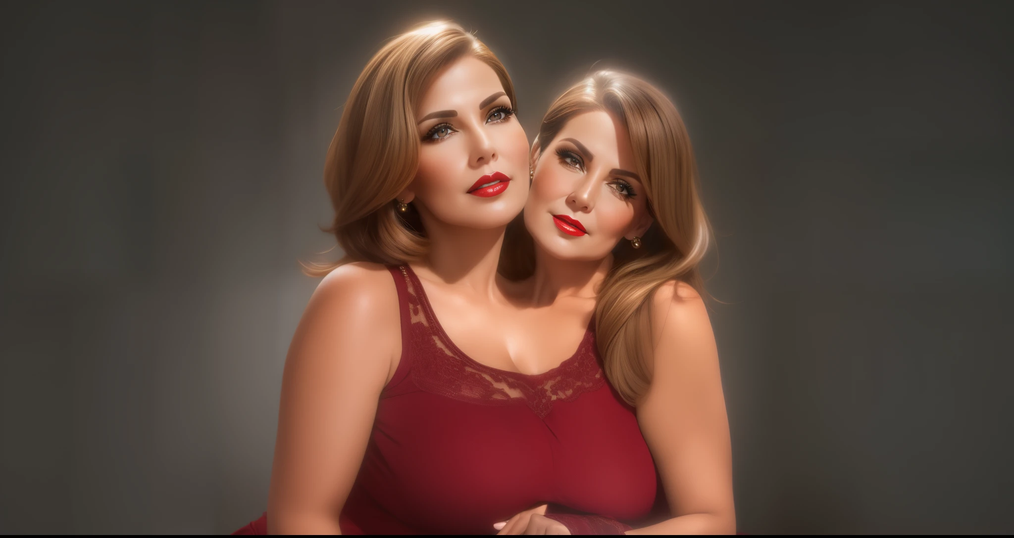 2 heads,Portrait of a 60 year old woman with short brown hair, captivating gaze, brown eyes, wrinkles on her face, black pantyhose,high heel boots,reveal her big saggy breasts, light makeup and red lips. 32K