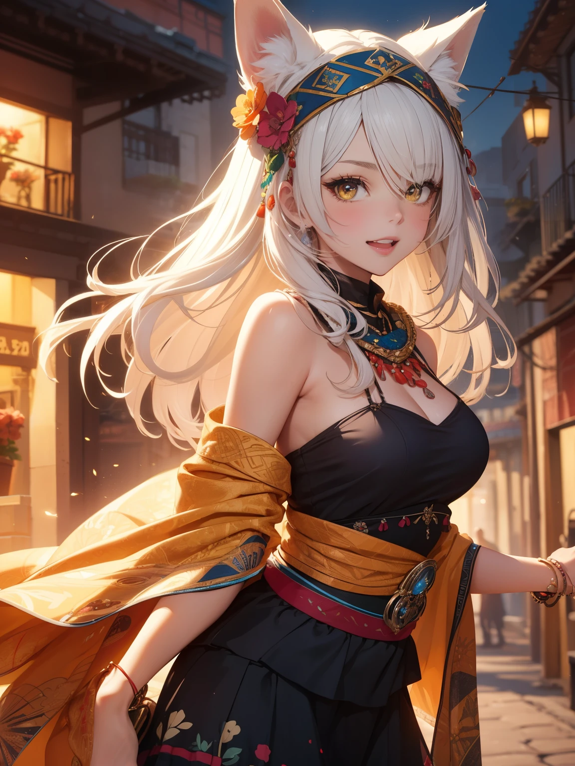 (best quality, 4k, 8k, highres, masterpiece:1.2), 1girl, ultra-detailed, detailed face, detailed lips and eyes, expressive face, realistic, BREAK, BLARKY beautiful caucasian woman with very long straight white hair, (yellow eyes), fair skin, expressive face, attractive appearance, animal ear fluff, animal ears, bangs, blush, extra ears, yellow fox ears, fox girl, fox tail, hair between eyes, large breasts, long hair,
BREAK ((19 years old, medium breasts):1.5),
BREAK Colorful Fiesta Flair,
Vibrant, tiered ruffle skirt in bright colors,
Embroidered blouse with intricate floral or geometric patterns,
Coordinating sash or belt to cinch the waist,
Traditional leather huaraches with intricate details,
Floral headpiece or hair accessories for a festive touch,
Chunky, colorful beaded jewelry for added flair,
Bold and colorful makeup inspired by Mexican folklore,
Intricate braided hairstyles adorned with ribbons or flowers,
(Traditional fan or shawl as an accessory:1.5), (Mexican reboso with geometric patterns in vivid colors:1.6),
BREAK
happy, smiling, open mouth, upper teeth, big smile, good smile, full body, dynamic angle,
blushing, glossy lips, open mouth, natural makeup, long eyelashes, central image, high detail, detailed hairstyle, spectacular cinematic lighting, octane rendering, vibrant, hyper realistic, perfect limbs, perfect anatomy, translucent
BREAK a young woman visiting a traditional Mexican town,colorful houses,cobblestone streets,folkloric dresses,ornate architecture,flower-filled balconies,vibrant market scenes,authentic local food,fiesta atmosphere,mariachi bands,authentic Mexican culture,sunlit streets,cathedral with intricate detailing,breathtaking landscapes,rich cultural heritage,HDR,UHD,studio lighting,ultra-fine painting,sharp focus,physically-based rendering,extreme detail description,professional,vivid colors,bokeh.