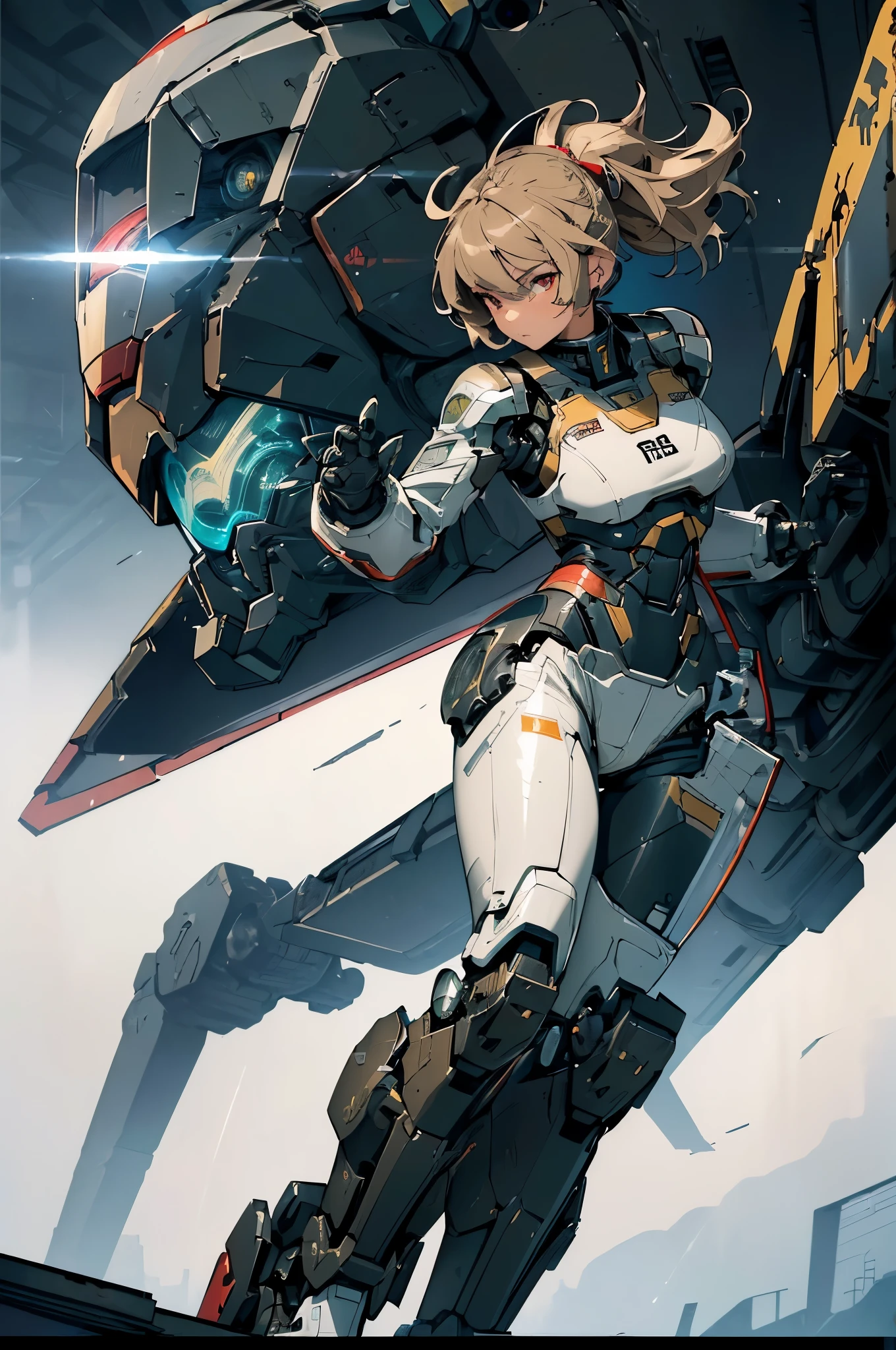 girl, ((light brown hair)), ((sportswear), ((Wearing a pilot suit to appear as a robot)), ((masterpiece)), very detailed, (red eyes), (bob haircut) ,The background is a warehouse where giant robots are stored.、giant robot in the background、Mecha、Cool giant robot、