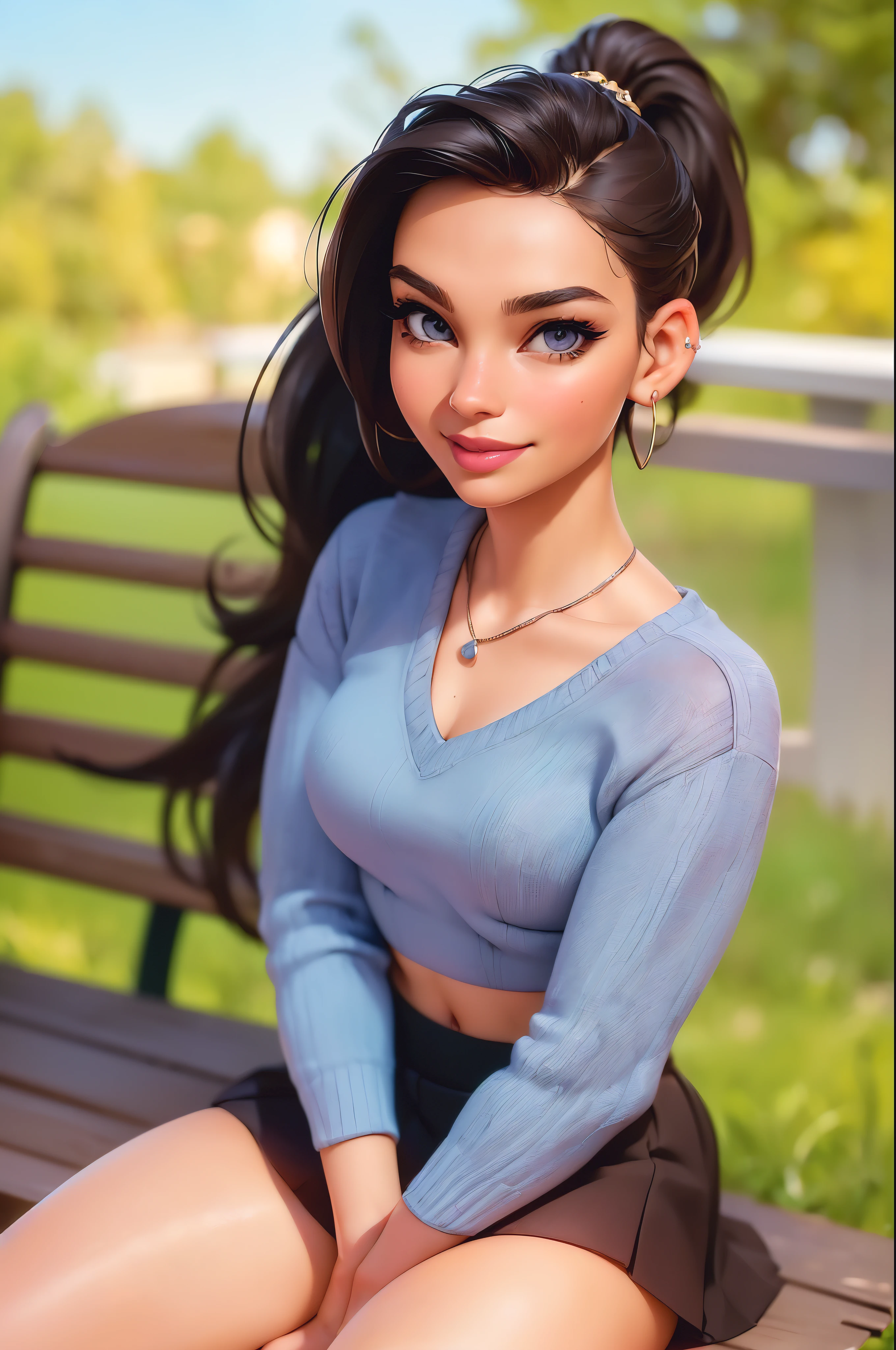beautiful girl, blue eyes, pony tail, large breasts, ((beautiful slim age girl 18 year old, brown hair, earrings, lips, realistic, pink lipstick, long eyelashes, earrings, wearing eyeliner, fair skin, (sexy), (detailed face), detailed eyes, detailed iris, sexy look, looking at viewer, (hot), facing viewer, ((thighs)), very short skirt, crop top, lip gloss, big full lips, long hair, smiling, sunny environment, warm light, ponytail, (photorealistic: 1.4), sitting on a bench