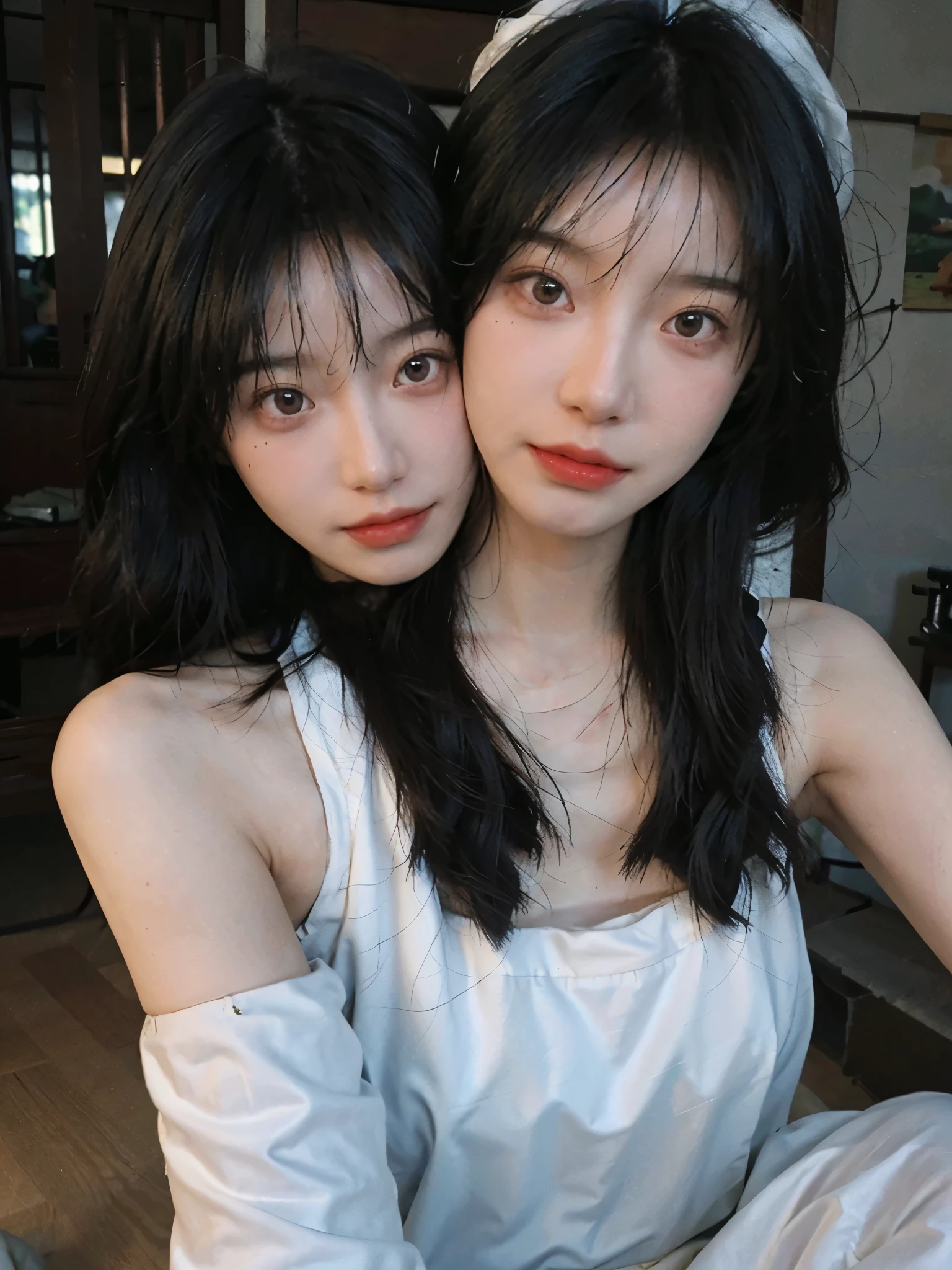 Film portrait photography, 2 girls, 2 girls,twin,bare shoulders, Shoulder length wavy hair, Snow-white cheongsam,(Realistic and detailed eyes, natural skin texture, Realistic facial details),, depth of field, Bokeh, Vibrant details, Detailed and detailed, Surrealism, 35mm film, hazy, ,Selfie,