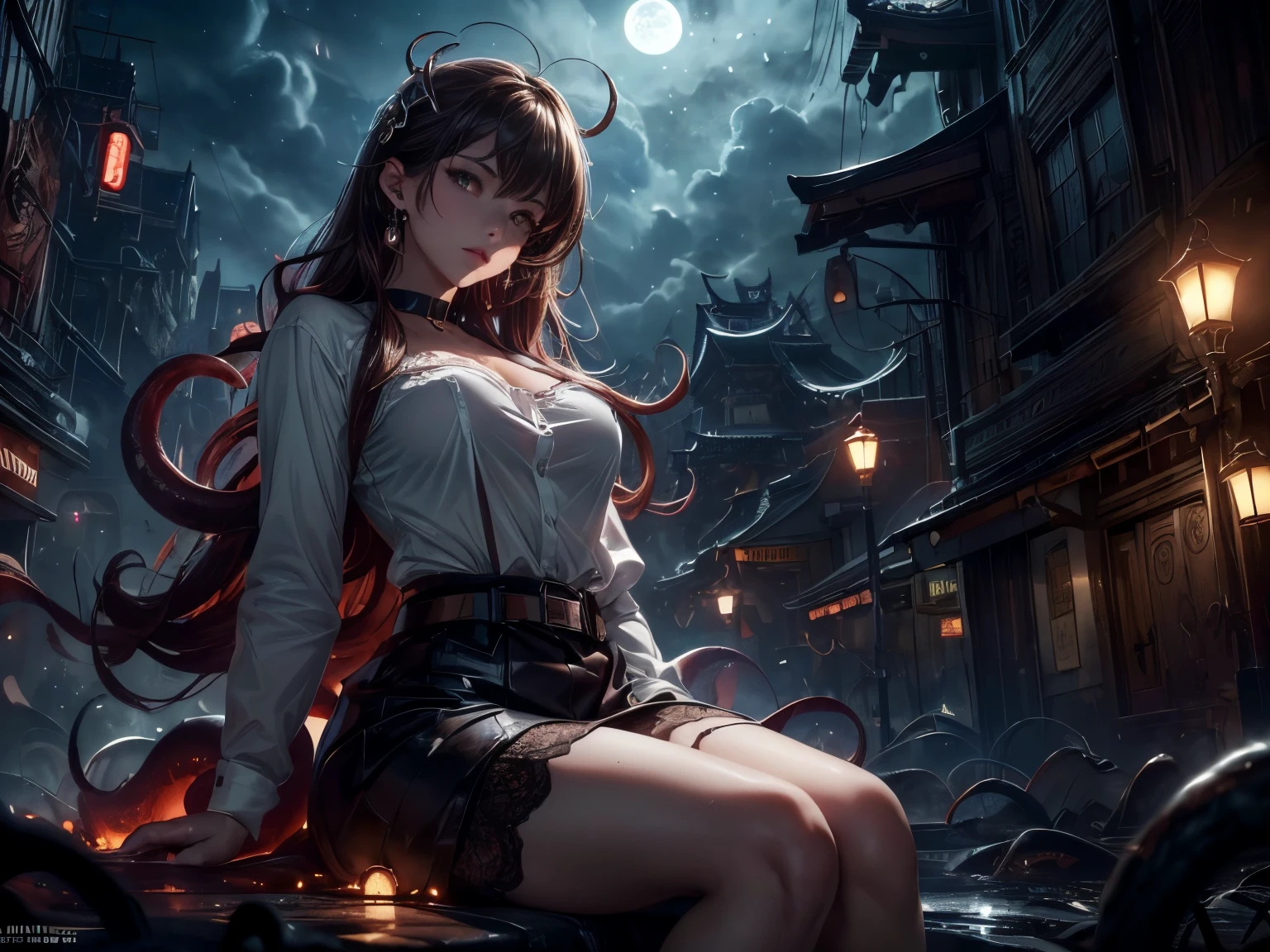 ((1 girl, One, mature , lush, White shirt, brown belt, jewelry, lace, brown skirt, necklace, earrings )),((girl undresses in front of the viewer,from below erotically reclining or sitting, Capture the moment, when her clothes come off  )) shiny skin, shiny body, cat ear, Red hair (Very long hair), floating hair, yellow eye, bright skin, tentacle, big tentacle (tentacles everywhere). (dark lighting) luminous (ancient underground fantasy world) , dynamic angle, depth of field, (((on open air,abandoned Tokyo Disneyland, Moonlight night, starry sky, cloud ))), ((masterpiece)), ((Best quality)), ((top quality)), ((ultra detailed)), ((8 k cg wallpaper)), ((very gentle and beautiful)), ((illustration)), (A high resolution), in the night, яркий creepy, creepy:1.3, atmospheric:1.6, charming, Dark) Unreal engine,  (Best quality,4K,8 k,A high resolution,masterpiece:1.2),ultra detailed,(realistic,photorealistic,photo-realistic:1.37), mesmerizing eyes, juicy lips, A game of shadows, ((small breasts))