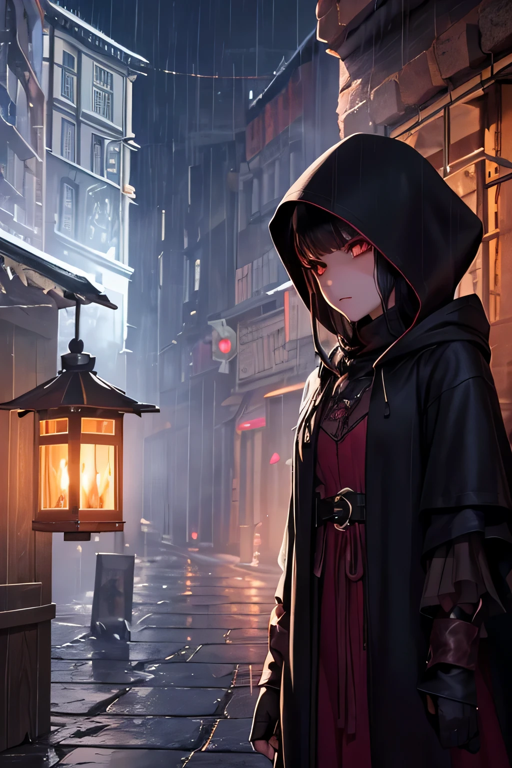 Shifty,sexually ambiguous changeling,rouge merchant,in a dark cloak,rundown fantasy city street,foggy night,(best quality,4k,8k,highres,masterpiece:1.2),ultra-detailed,(realistic,photorealistic,photo-realistic:1.37),noisy,atmospheric lighting,dynamic shadows,gritty,desaturated colors,haunting,dark fantasy,steampunk aesthetic,ethereal mist,crumbling architecture,twisted alleyways,insidious charm,mysterious symbols,distant whispers,secrets hidden in the shadows,lantern-lit cobblestone,pouring rain,wet streets,reflection of neon lights,enchanted items displayed in a dimly lit store window,masks and disguises hanging in the background,magic swirling in the air,an eerie sense of danger,gentle glow of arcane spells,a hint of mischief in the merchant's eyes,exotic wares and potions lining the merchant's stall,murmurs of negotiations and clandestine deals,bustling atmosphere filled with diverse creatures,hooded figures passing by,steam rising from grates,crimson moon casting an otherworldly glow.