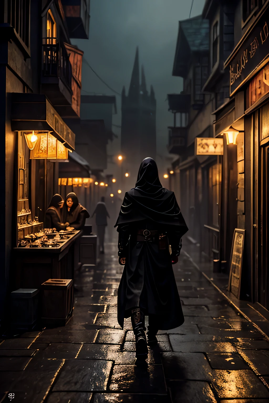 Shifty,sexually ambiguous changeling,rouge merchant,in a dark cloak,rundown fantasy city street,foggy night,(best quality,4k,8k,highres,masterpiece:1.2),ultra-detailed,(realistic,photorealistic,photo-realistic:1.37),noisy,atmospheric lighting,dynamic shadows,gritty,desaturated colors,haunting,dark fantasy,steampunk aesthetic,ethereal mist,crumbling architecture,twisted alleyways,insidious charm,mysterious symbols,distant whispers,secrets hidden in the shadows,lantern-lit cobblestone,pouring rain,wet streets,reflection of neon lights,enchanted items displayed in a dimly lit store window,masks and disguises hanging in the background,magic swirling in the air,an eerie sense of danger,gentle glow of arcane spells,a hint of mischief in the merchant's eyes,exotic wares and potions lining the merchant's stall,murmurs of negotiations and clandestine deals,bustling atmosphere filled with diverse creatures,hooded figures passing by,steam rising from grates,crimson moon casting an otherworldly glow.