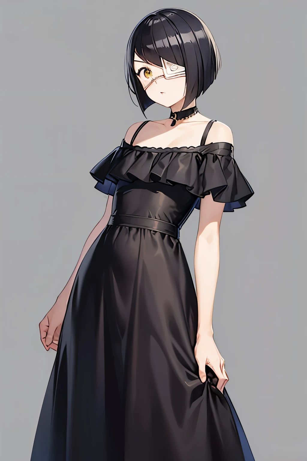 girl, nakanaka_omoharu, black hair, short hair, flat chest, golden eyes, white eye patch, dress, simple dress, party dress, long dress