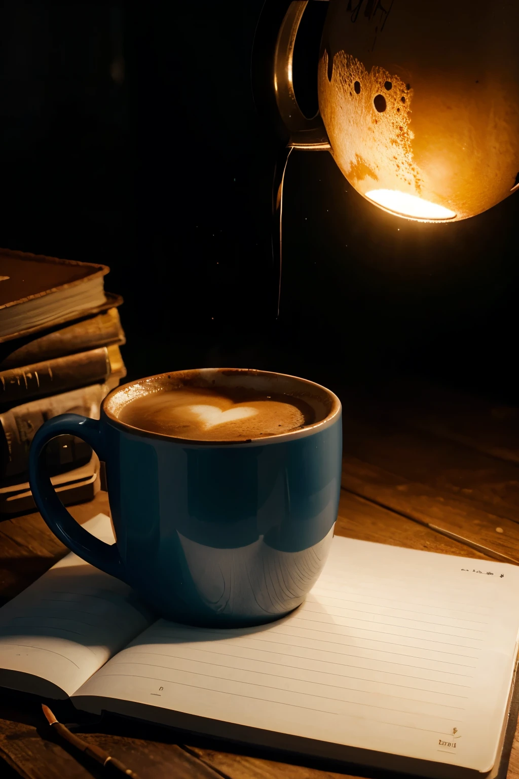 Notebook in the dark over the light and a mug of hot coffee
