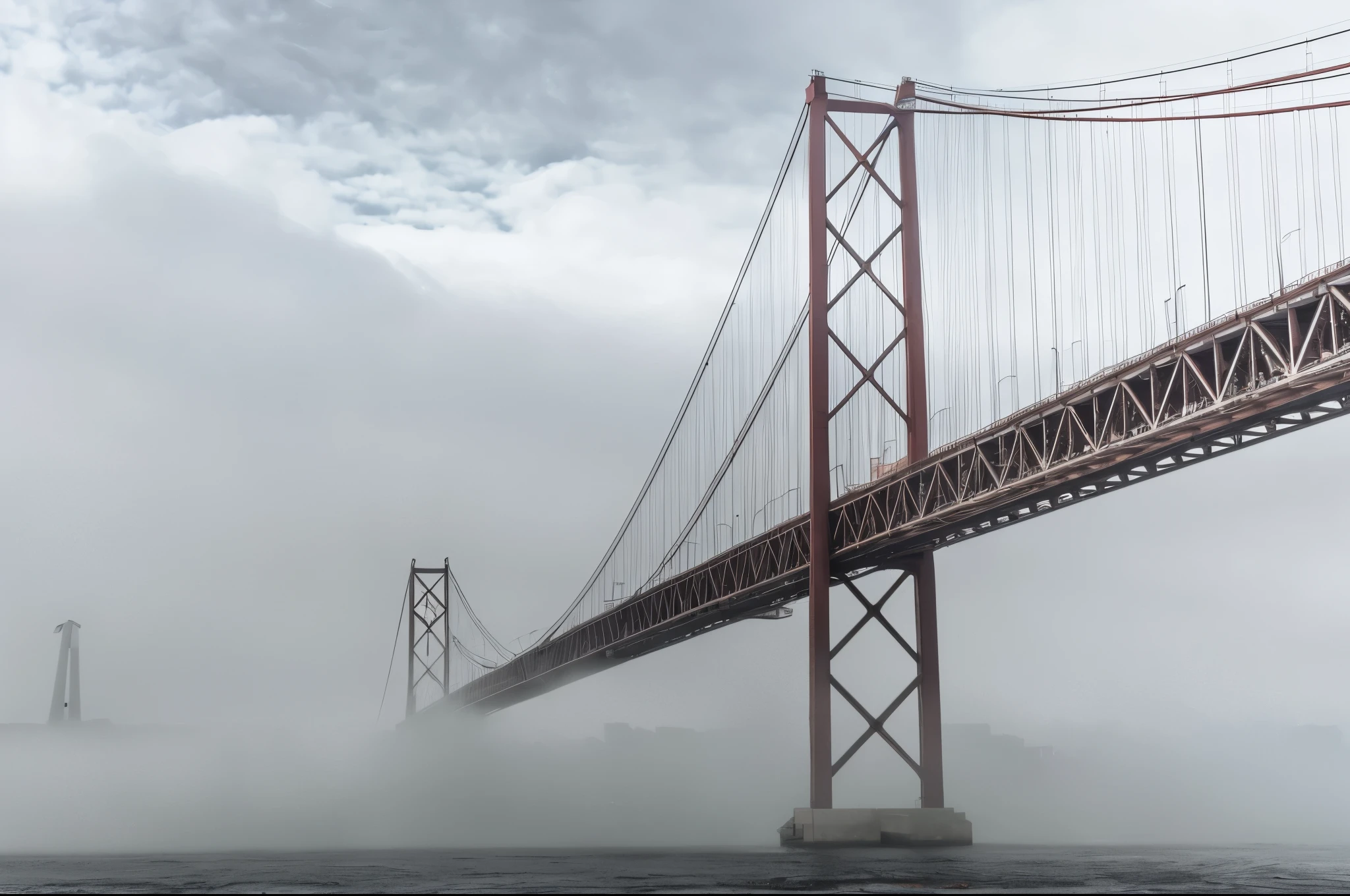 arafed Bridge with a tower in the background and fog in the foreground, unter einem grauen, nebligen Himmel, Bridge 2 5. April, tall Bridge with city on top, the raining city of Lissabon, nebliges Foto 8 k, Bridge, Lissabon, elegant Bridges between towers, es geht zur Neige, von Xavier Blum Pinto, nebliges Wetter, the city of Lissabon