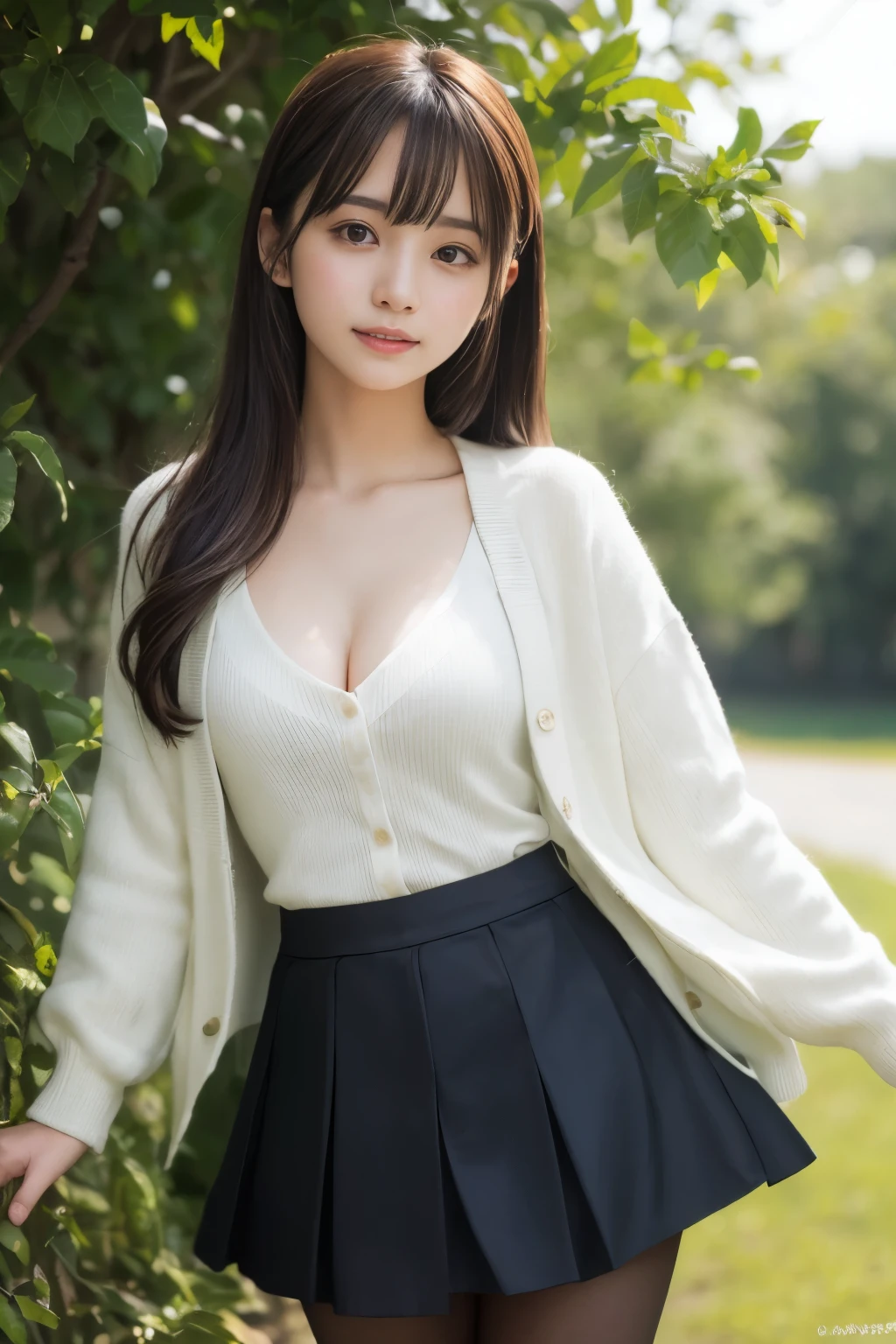 smile、night、RAW photo、(((ultimate beauty portrait)))、((glowing skin))、1 girl、15 year old beautiful girl from Prague、bright look、((brown hair))、(cleavage)、(flare skirt:1.5)、((Big eyes that shine like jewels))、Black Open Cardigan、open your clothes、pantyhose、shiny, glowing skin、(long hair)、(silky ponytail hair)、(Are standing)、(from below)、under the skirt、(from below下着の接写)、eyeliner、beautiful bangs、hair between eyes、((masterpiece、最high quality、Super detailed、film light、intricate details、High resolution、very detailed))、detailed background、8KUHD、Digital single-lens reflex camera、soft light、high quality、film grain、Fujifilm XT3 、shallow depth of field、natural soft light、Kamimei、rich bust
