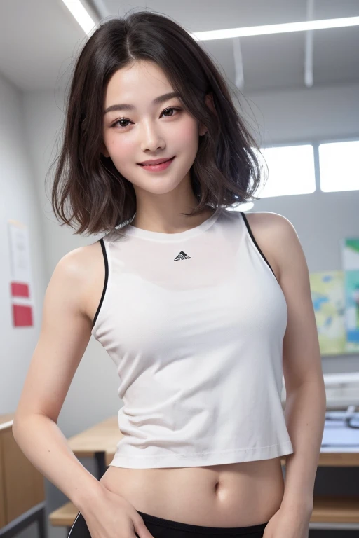 Hasselblad camera, RAW photo, (realistic: 1.2), 1girl, (beautiful and charming: 1.4), ponytail twist, white sports bust, white sports shorts, white sneakers, detailed face, beautiful eyes, (perfect body: 1.2), wet shirt, wet body, (detail: 1.2), 8k ultra hd,